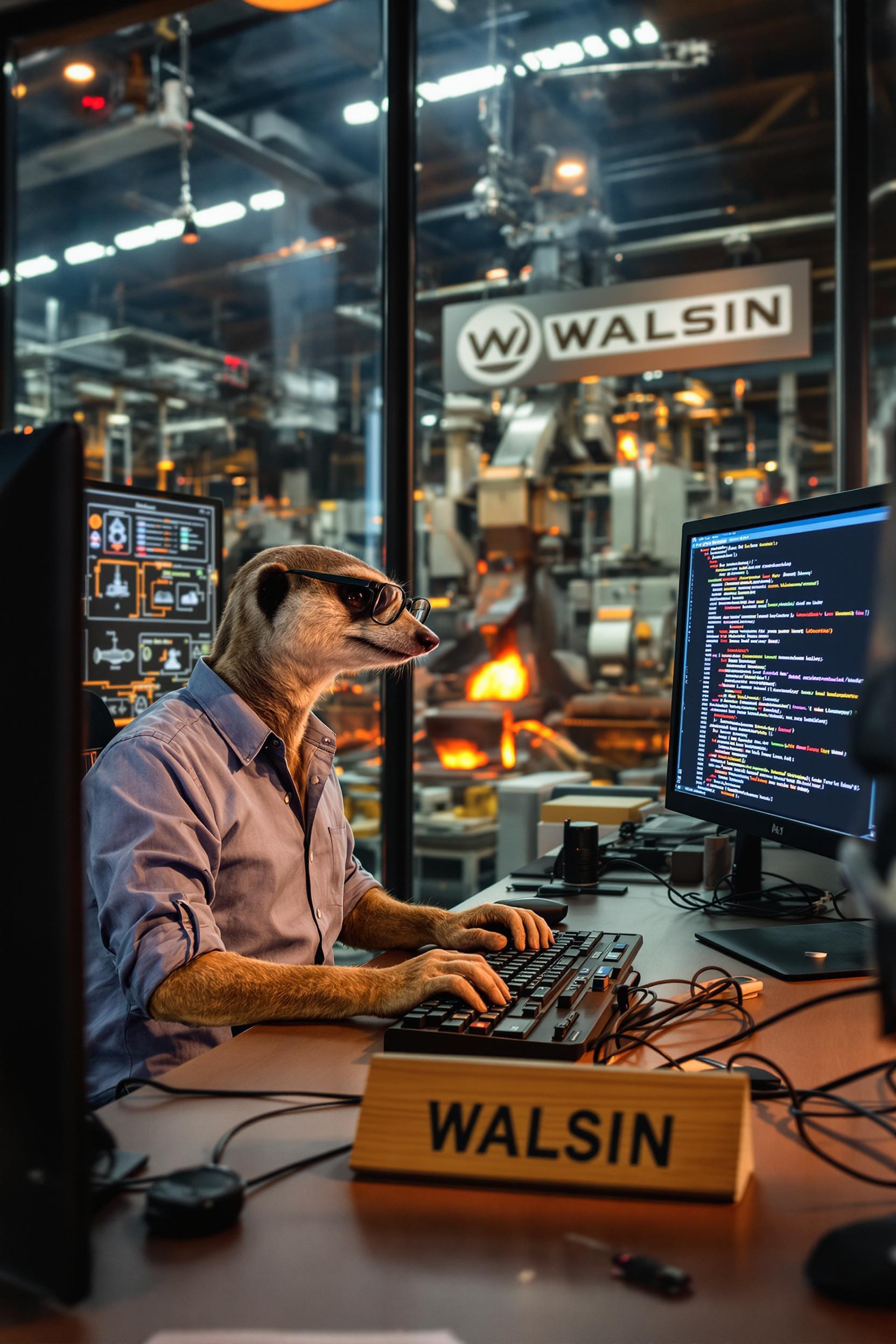 Meerkat Coding In The Office Of An Iron Factory And The Factory Is Called WALSIN (I Want To See