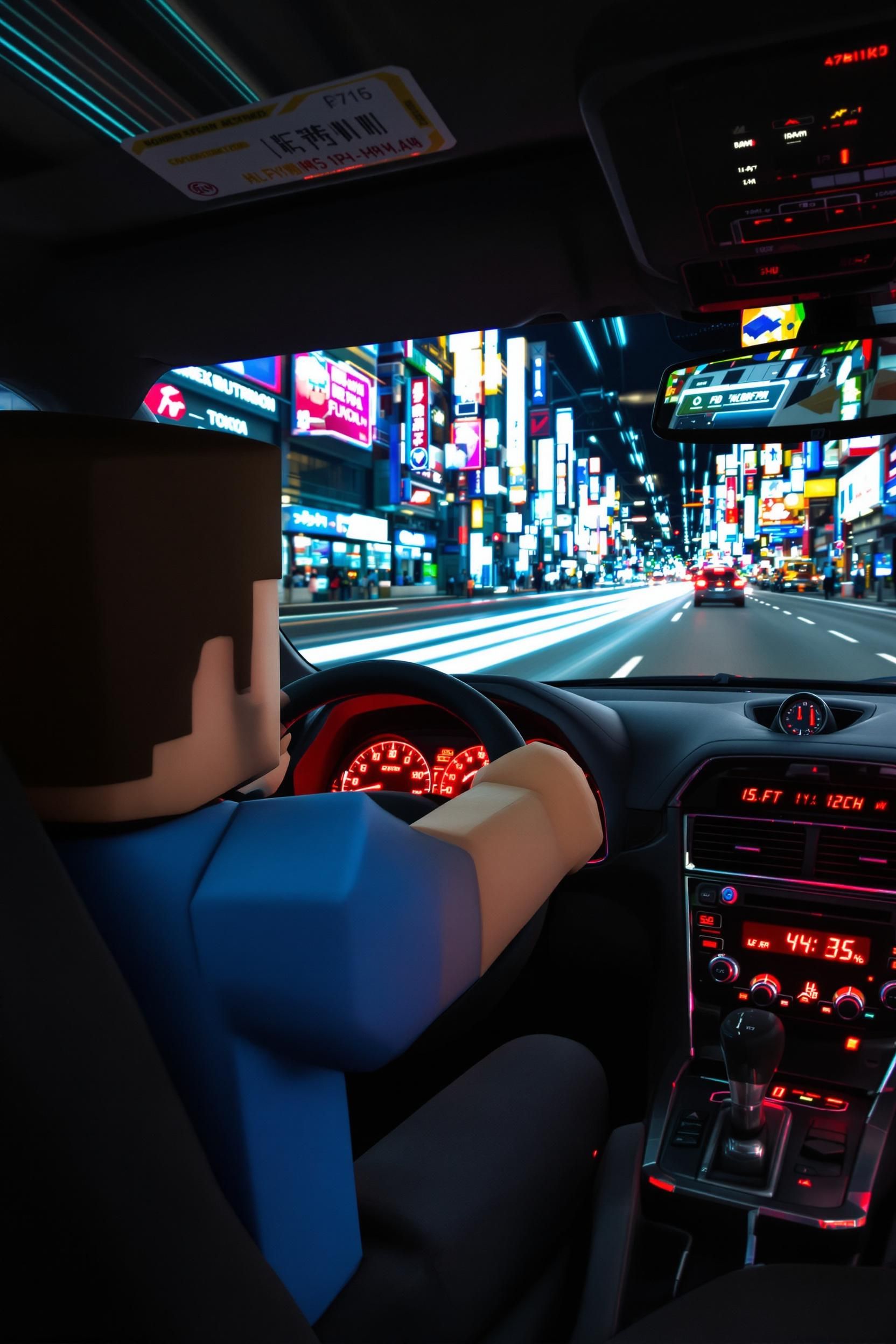 Minecraft Steve Speeding Through Tokyo At Night