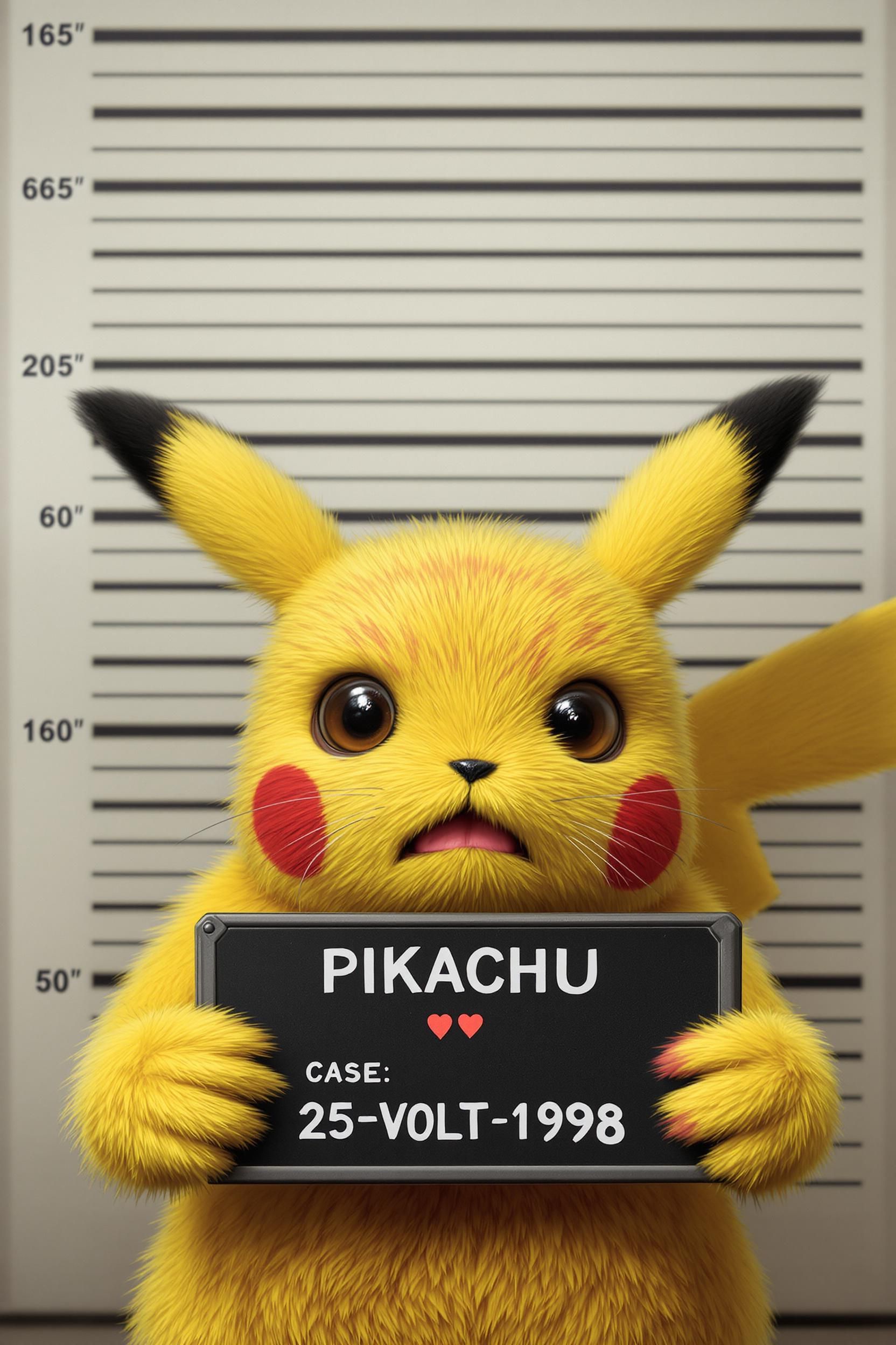 Mugshot Of Cute Realistic 3d Pikachu After Being Arrested For Illegal Electricity Generation