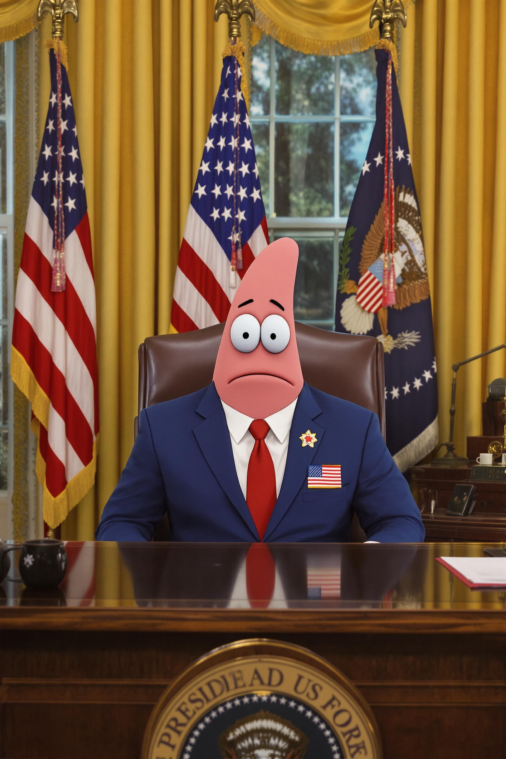 Patrick From Spongebb Sitting At The Presidential Desk In The Oval Office