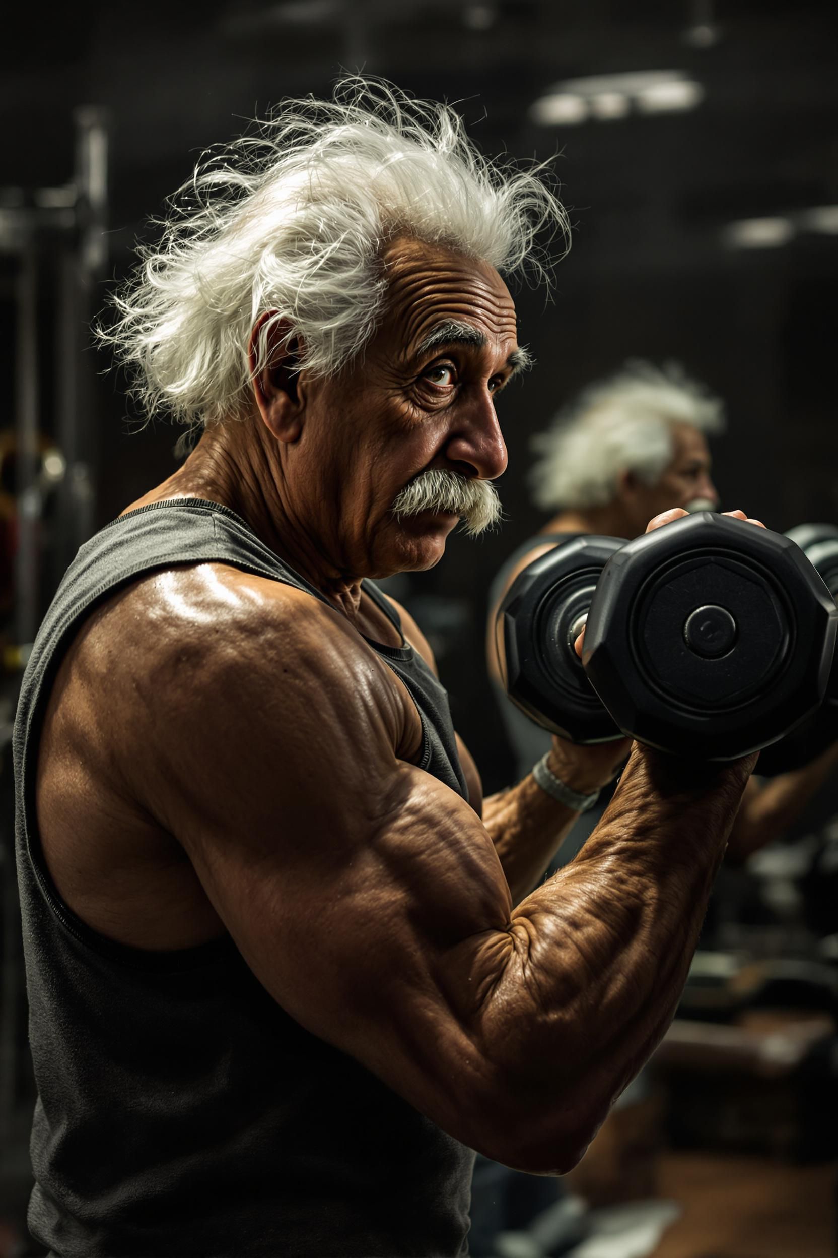 Photo Realistic Albert Einstein At A Gym Pumping Iron