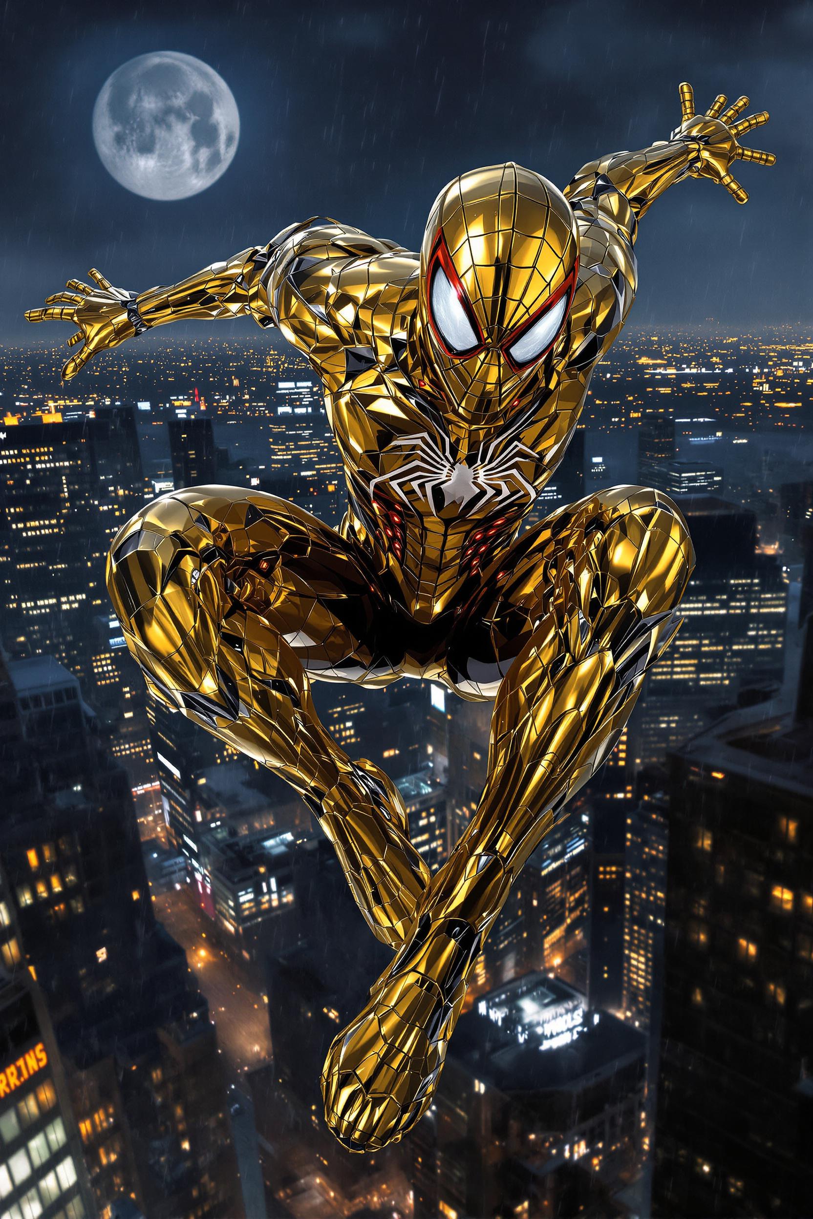 Portrait Painting Of Spider-Man Wearing A Gold Metallic Suit
