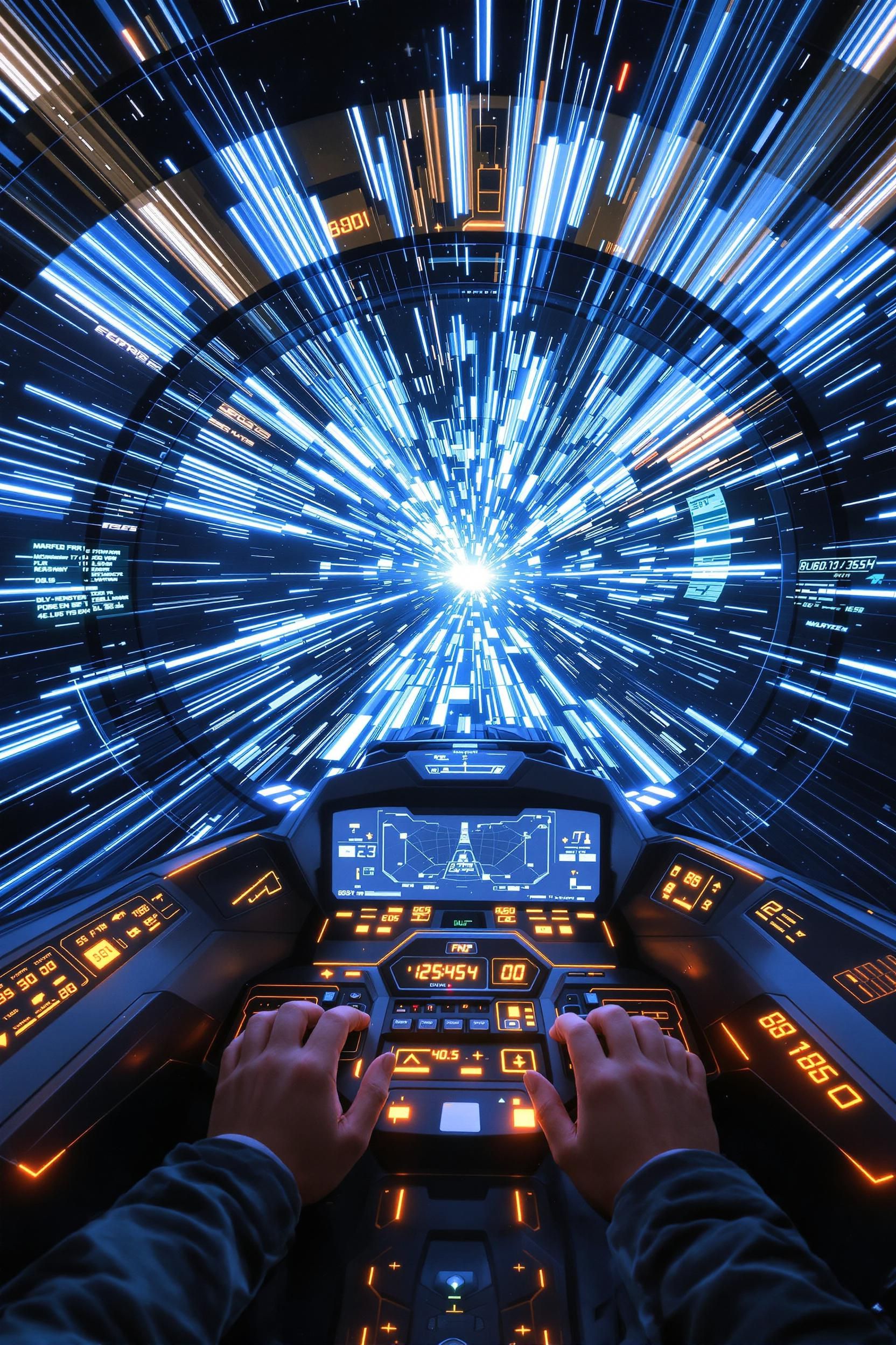 POV Looking Through The Front Dash Of A Spaceship Going Warp Speed
