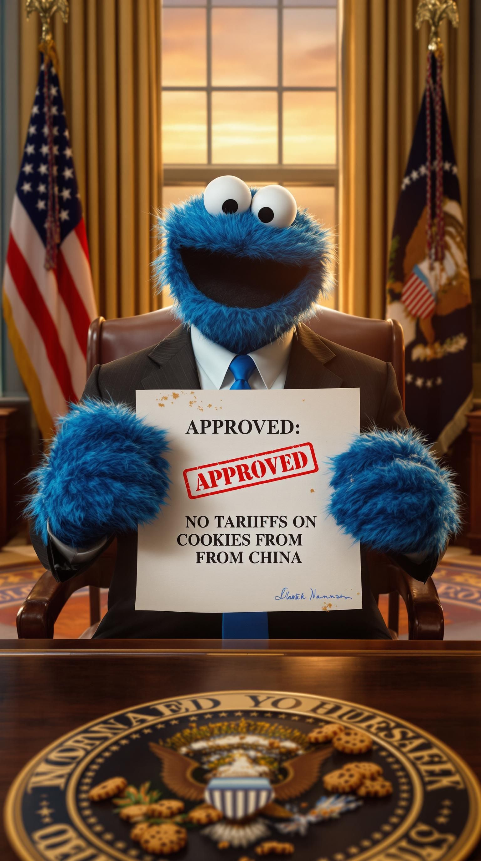 Presidential Portrait Photo Of Cookie Monster In The Oval Office