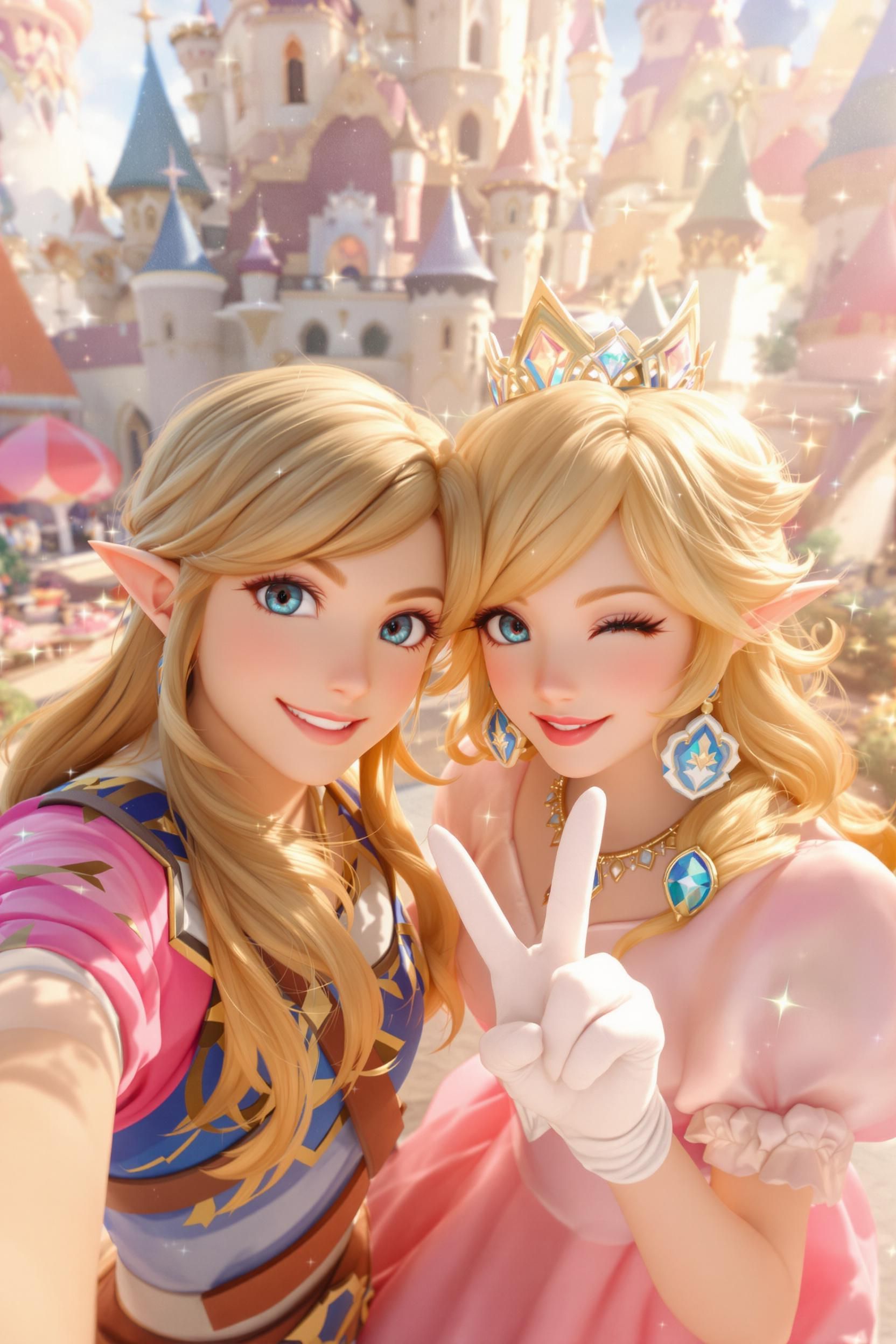 Princess Zelda And Princess Peach Besides Giving A Peace Sign