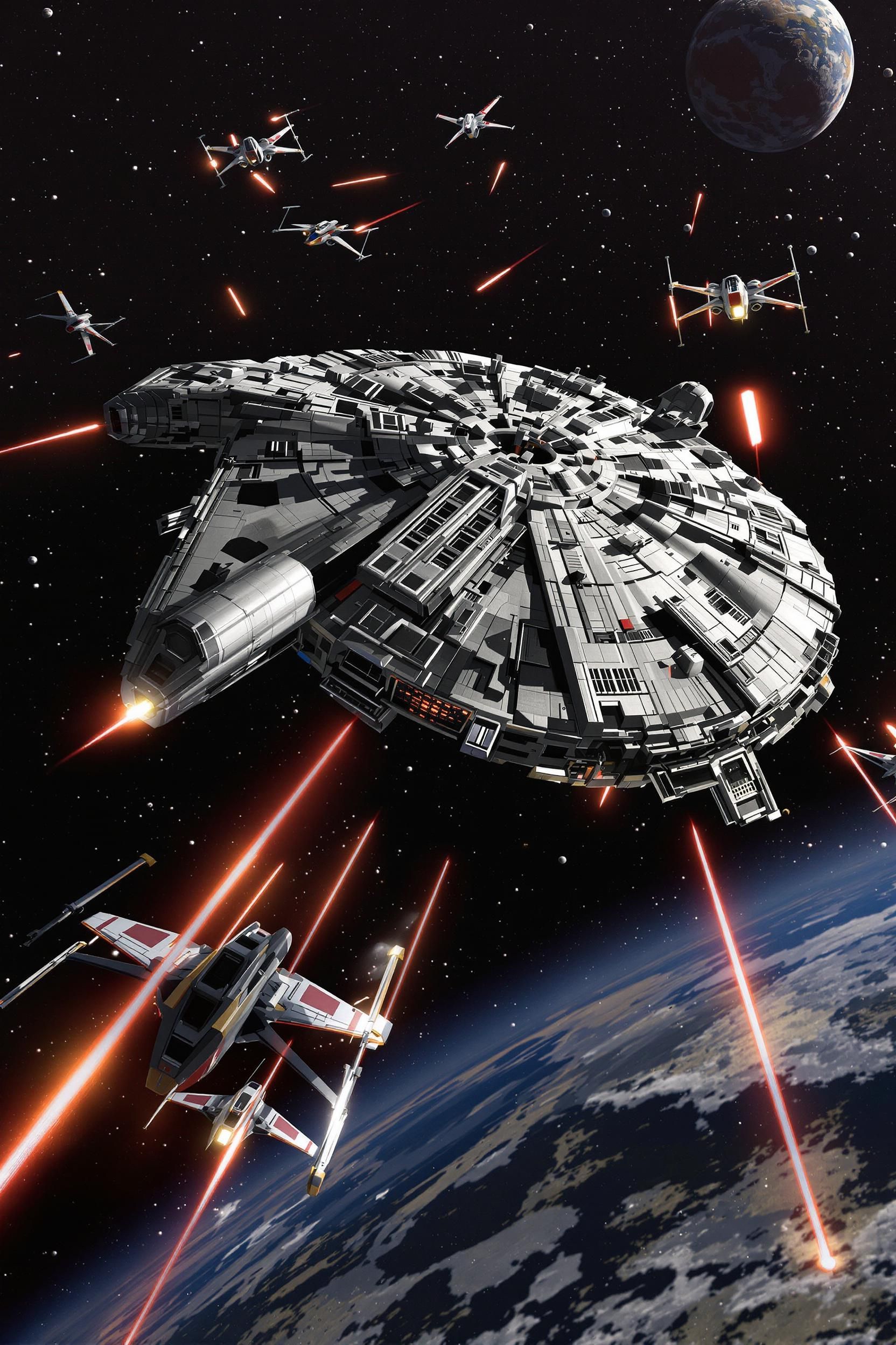 Retro Game Style Of The Millennial Falcon Fleeing From X-wings In Outer Space