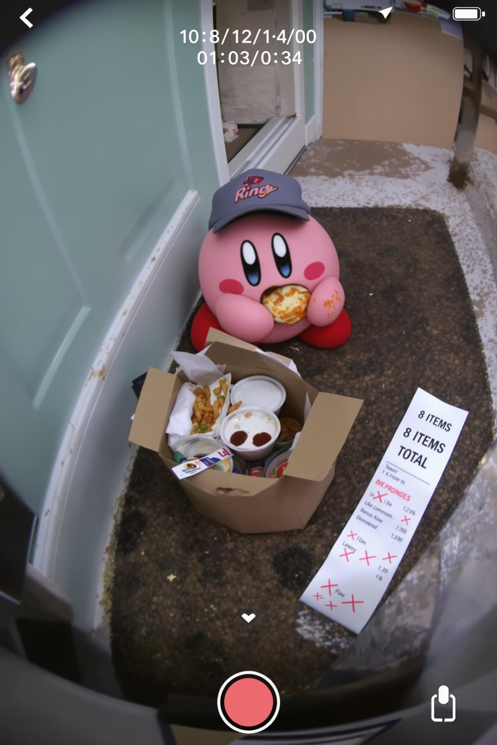 Ring Camera Footage Of Kirby As Food Delivery Driver Who Has Clearly Sampled Every Order In The 