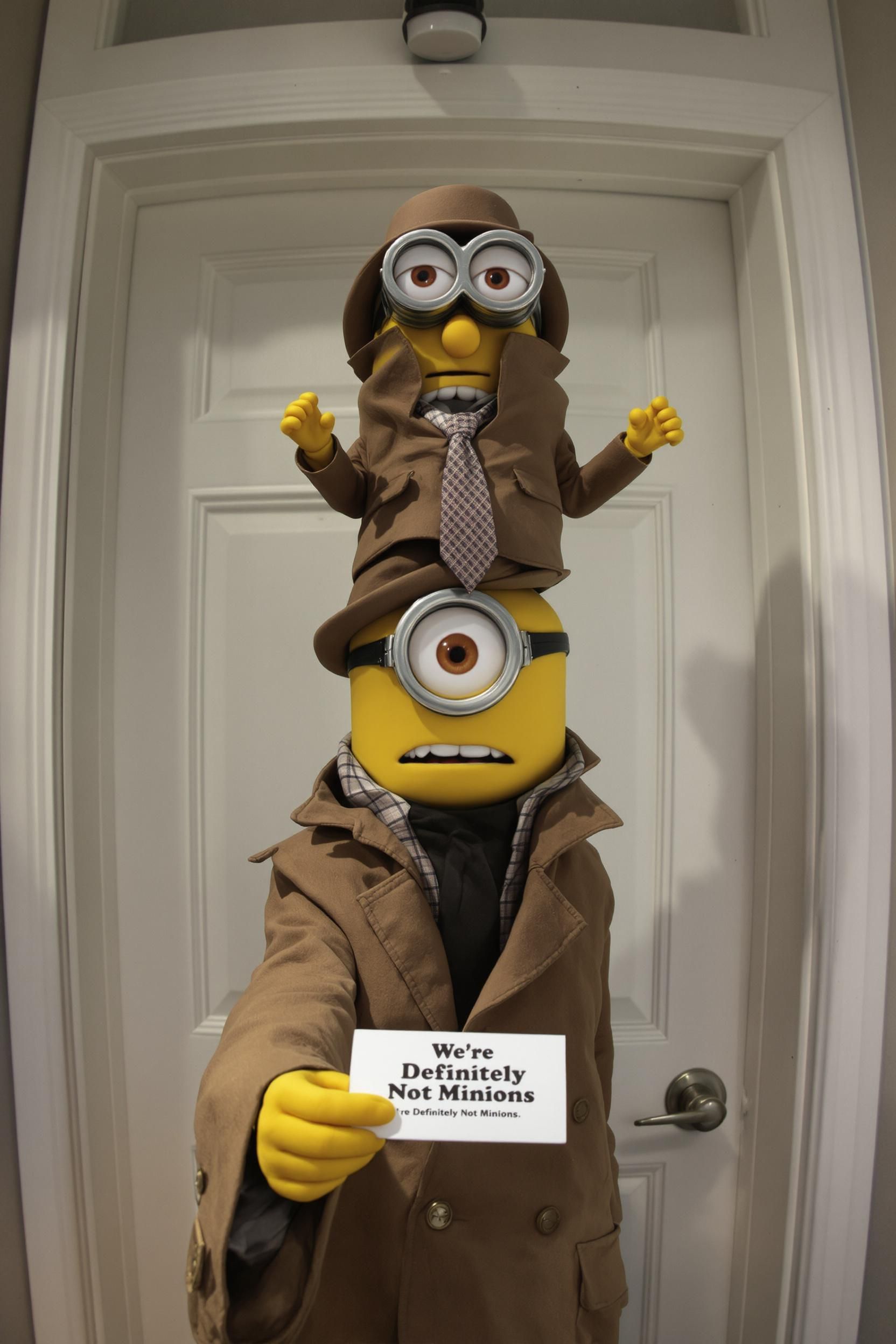 Ring Doorbell Video Of Three Minions In Trench Coat Attempting To Pose As One Adult Human