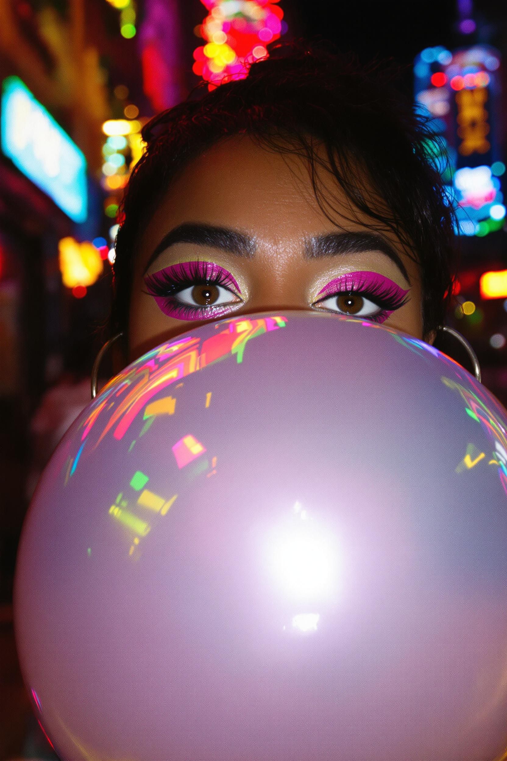 She`s Blowing Bubble Gum Playfully Toward The Camera