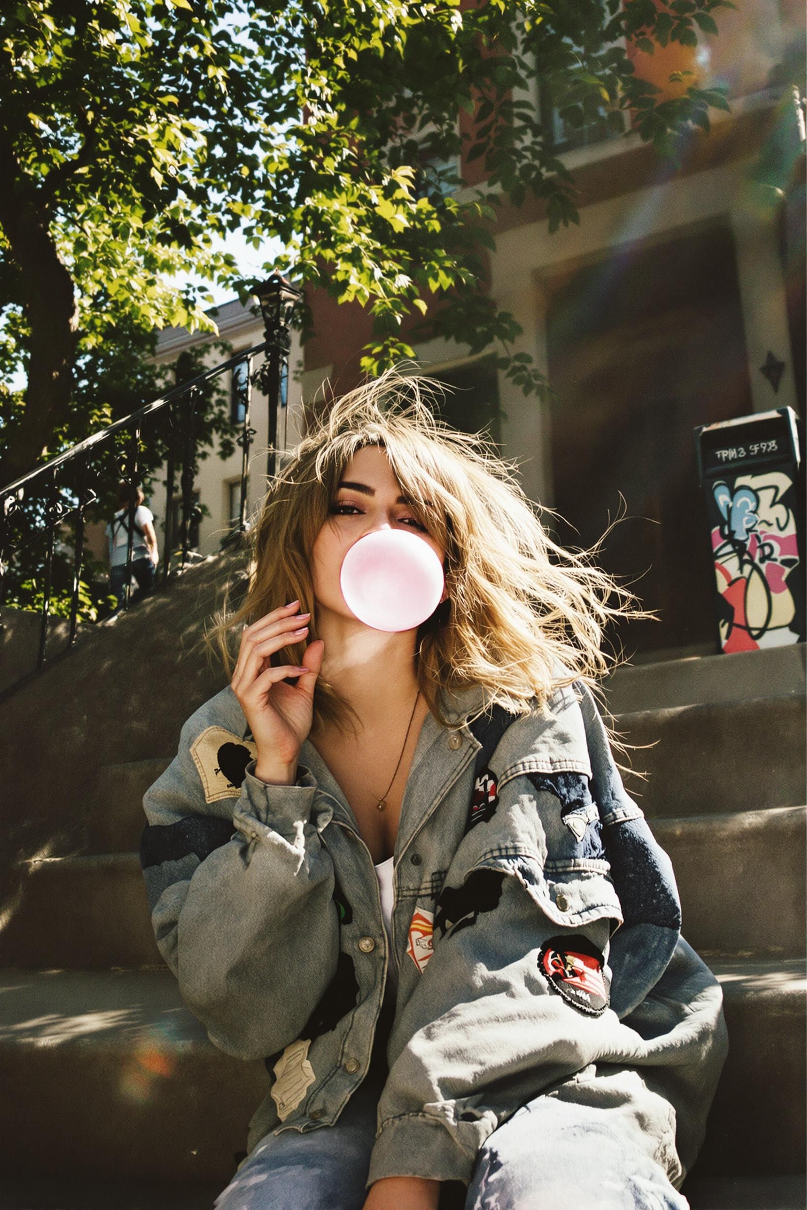 She`s Blowing Bubble Gum Playfully Toward The Camera 2