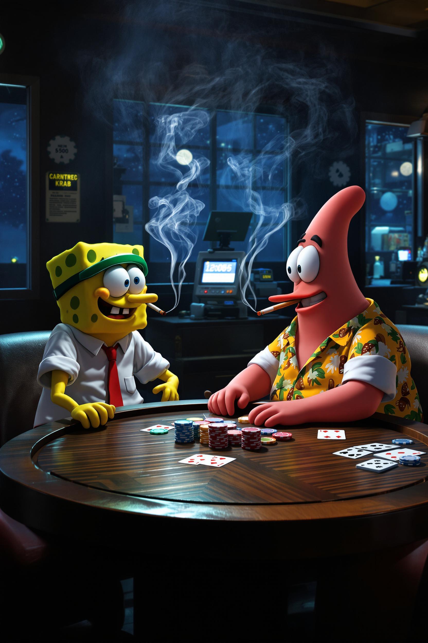 Spongebob And Patrick Smoking N Playin Cards In Krustykrab