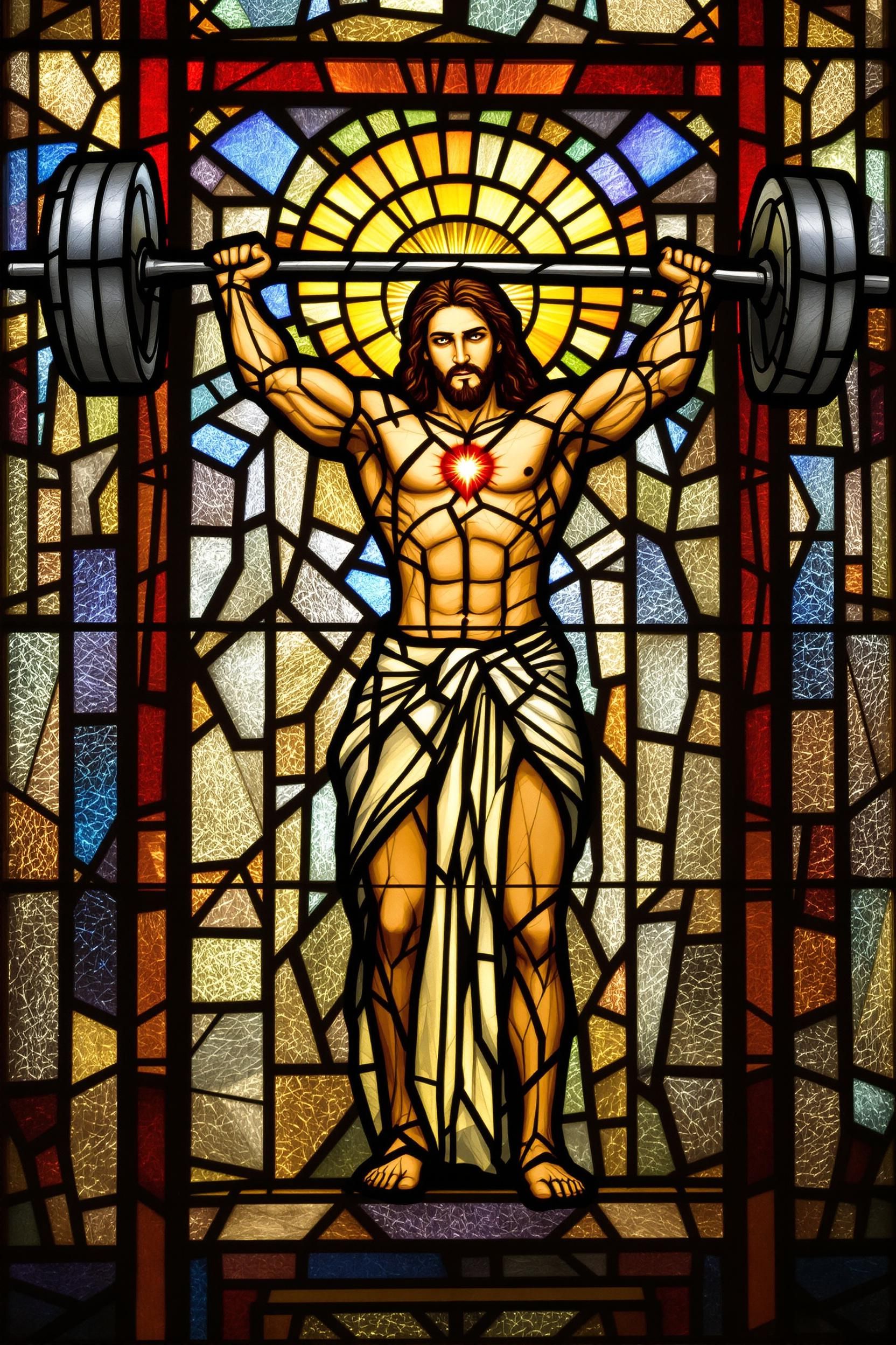 Stained Glass Jesus Lifting Weights With Background In Stained Glass