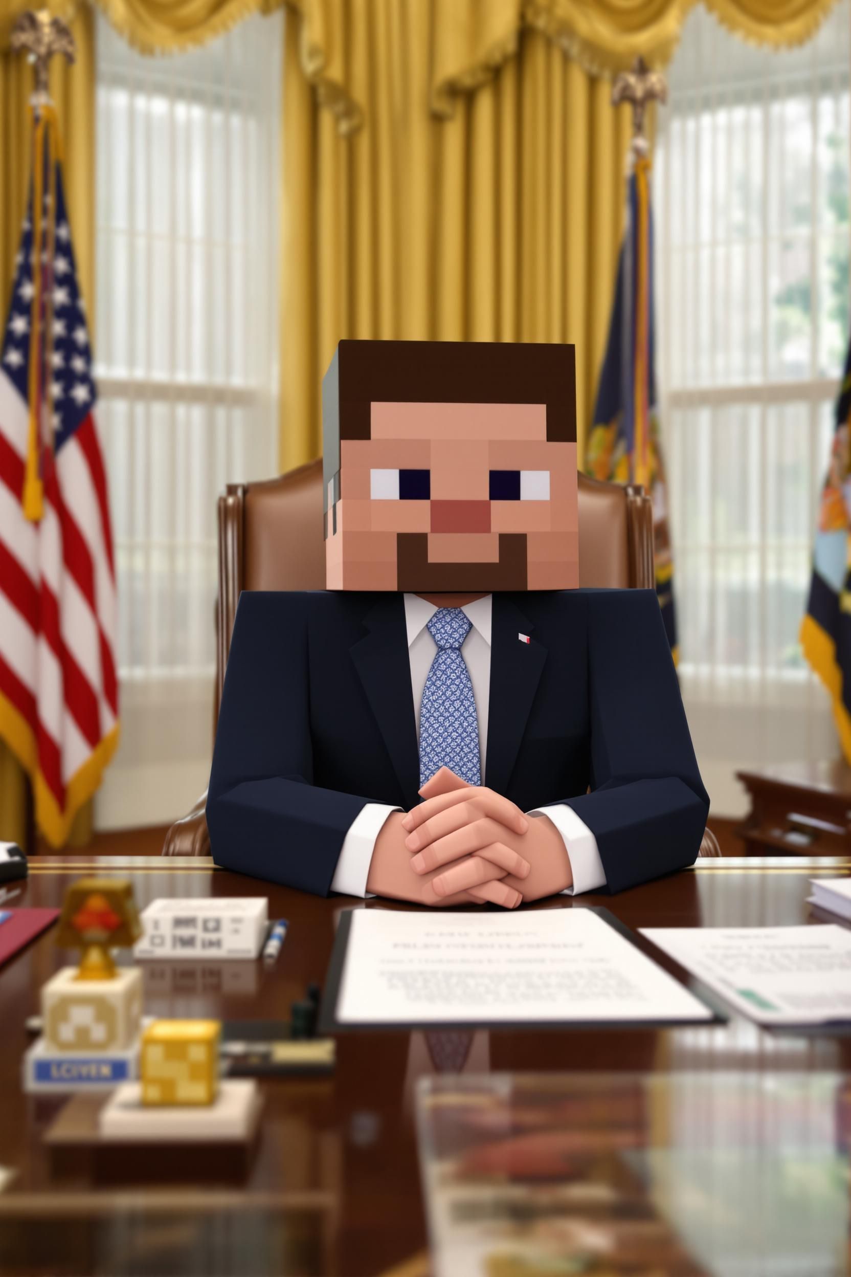 Steve From Minecraft Sitting At The Presidential Desk In The Oval Office