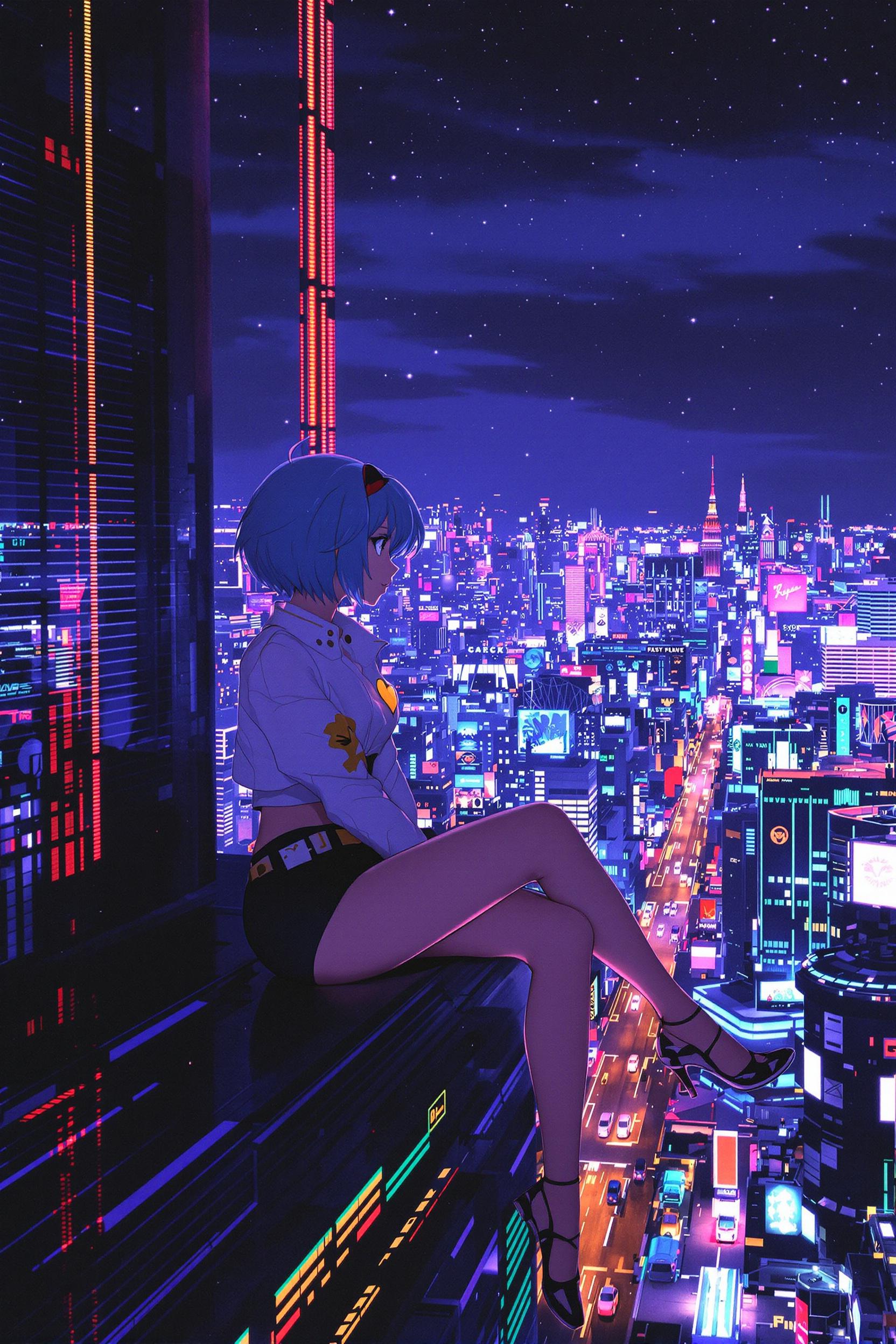 Stunning 90's Anime Vintage Anime Screenshot Woman Sitting On Skyscraper Night Scene