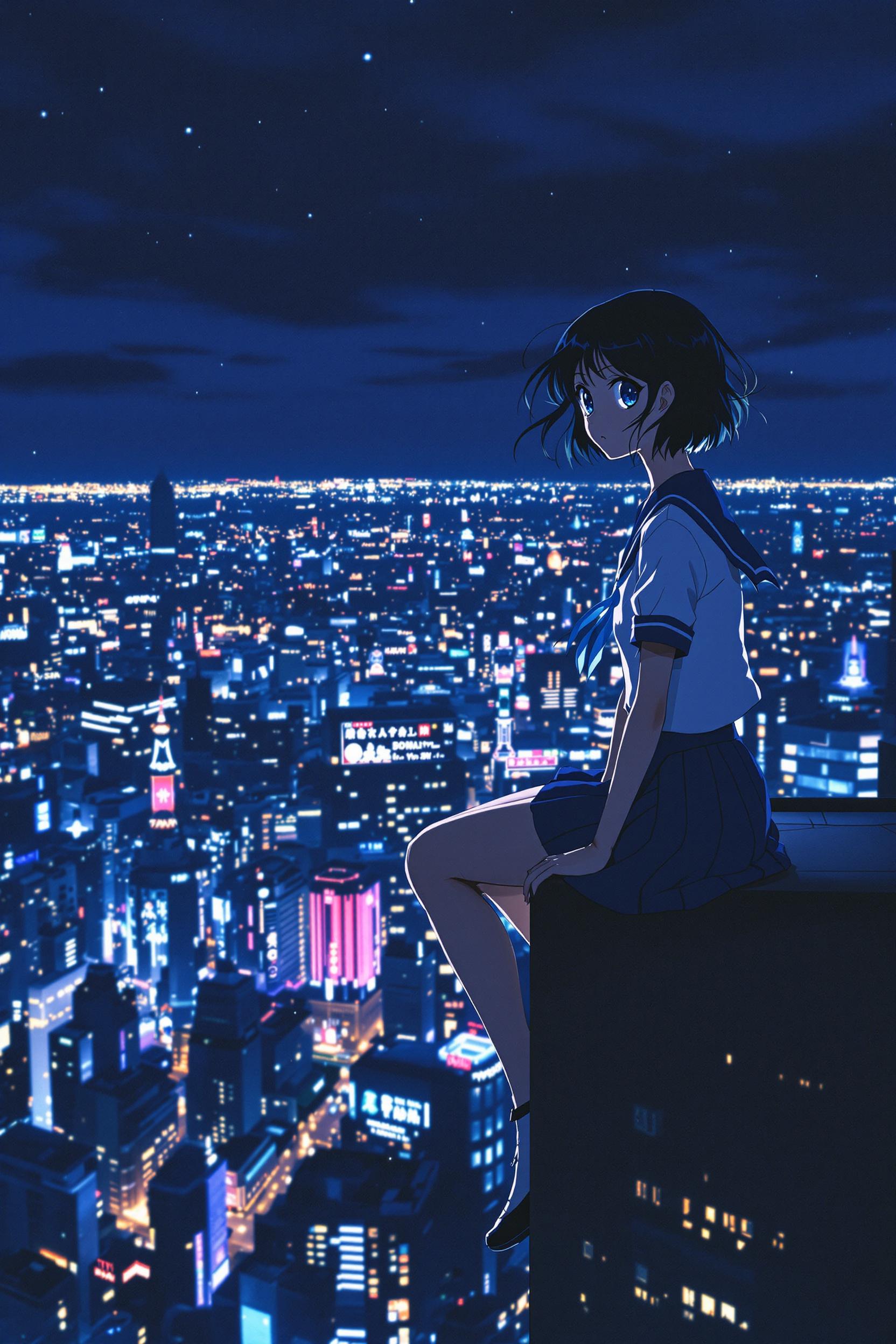 Stunning 90's Anime Vintage Anime Screenshot Woman Sitting On Skyscraper Night Scene