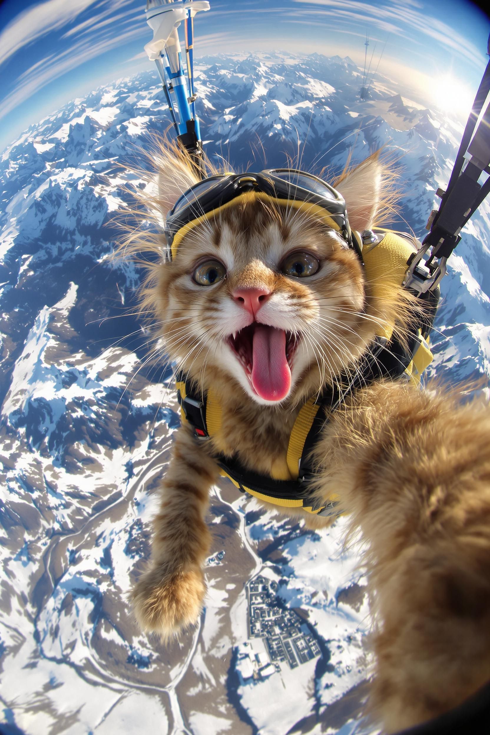 Surreal POV Selfie Shot From A Cute Baby Cat With A Parachute During A Skydiving Adventure