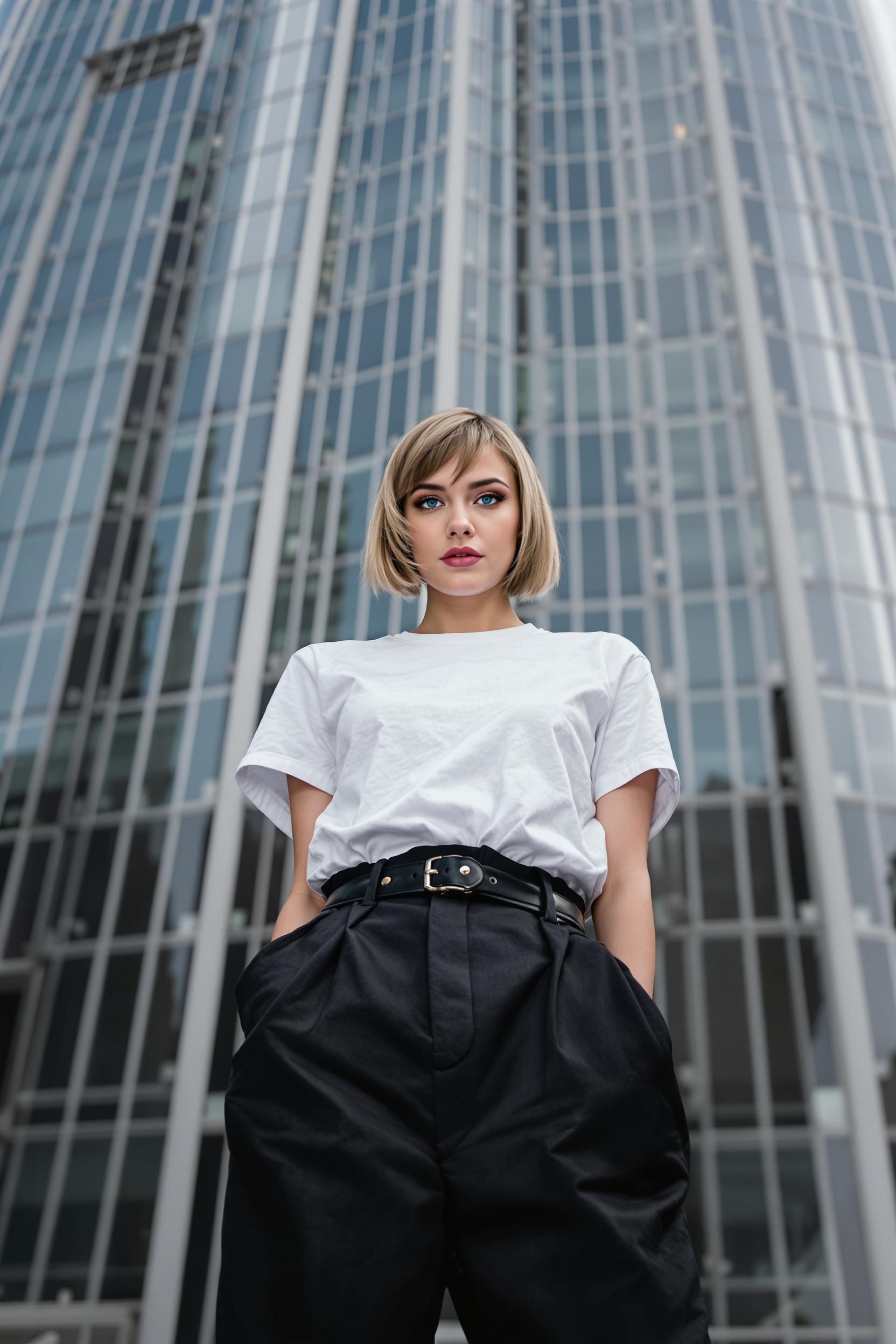 Take A Full-length Photo Of A Girl In Front Of A Tower In A White T-shirt With Black Pants