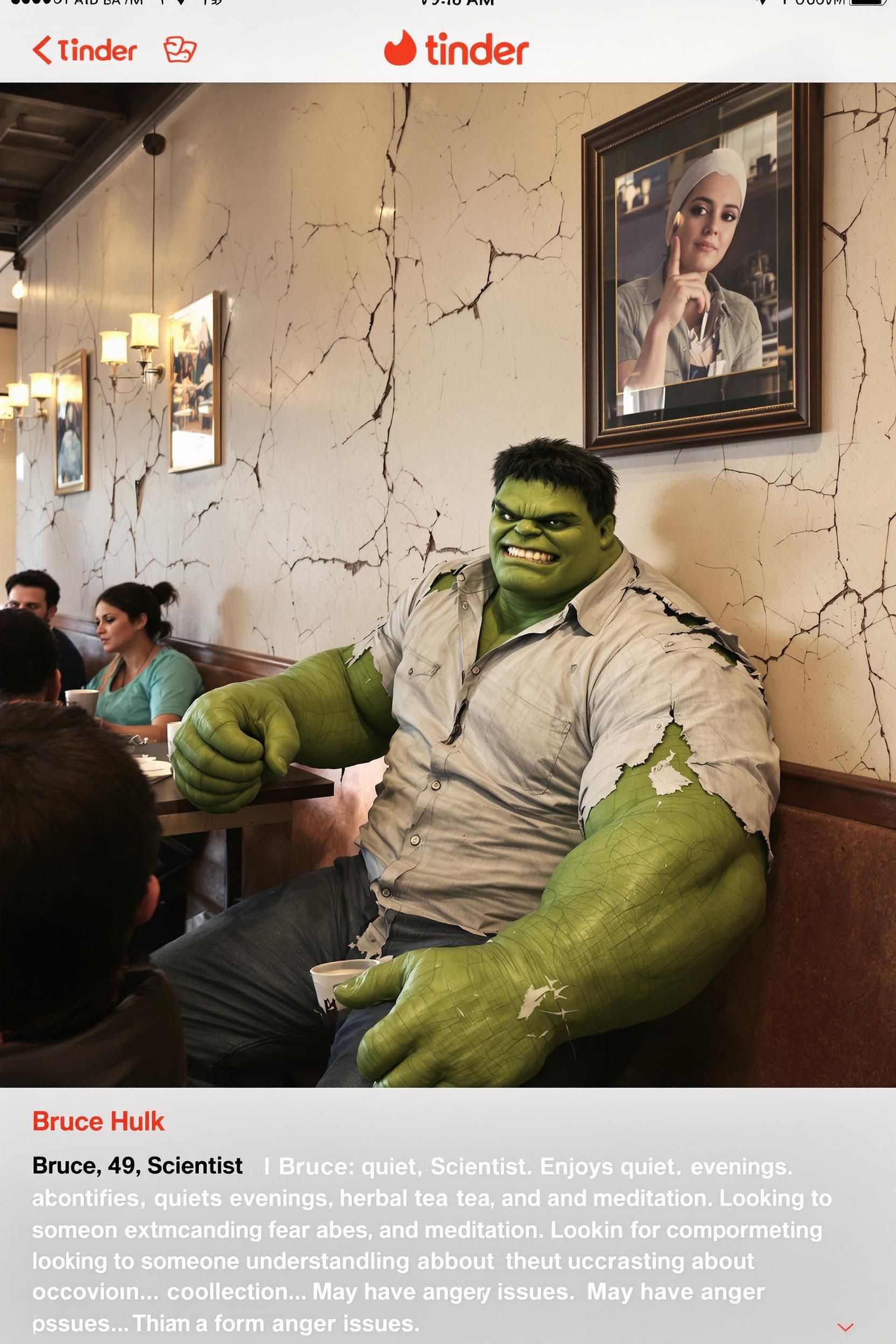 Tinder Profile Screenshot Of The Hulk Attempting To Look Casual And Approachable