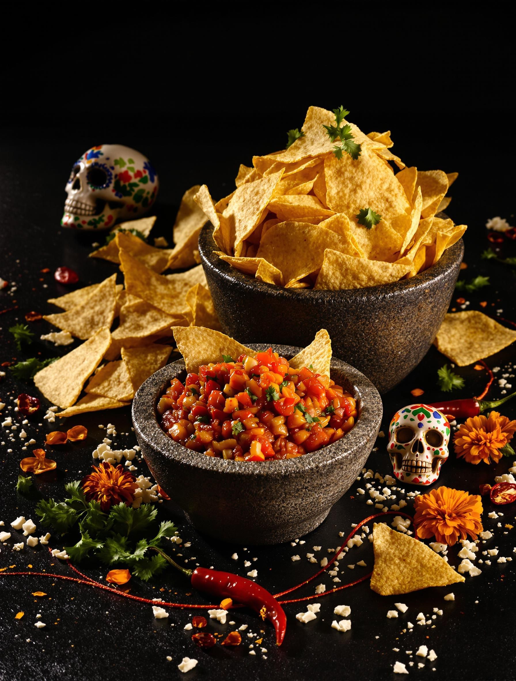 Tortilla Chips And Salsa On A Black Background For Cinco De Mayo