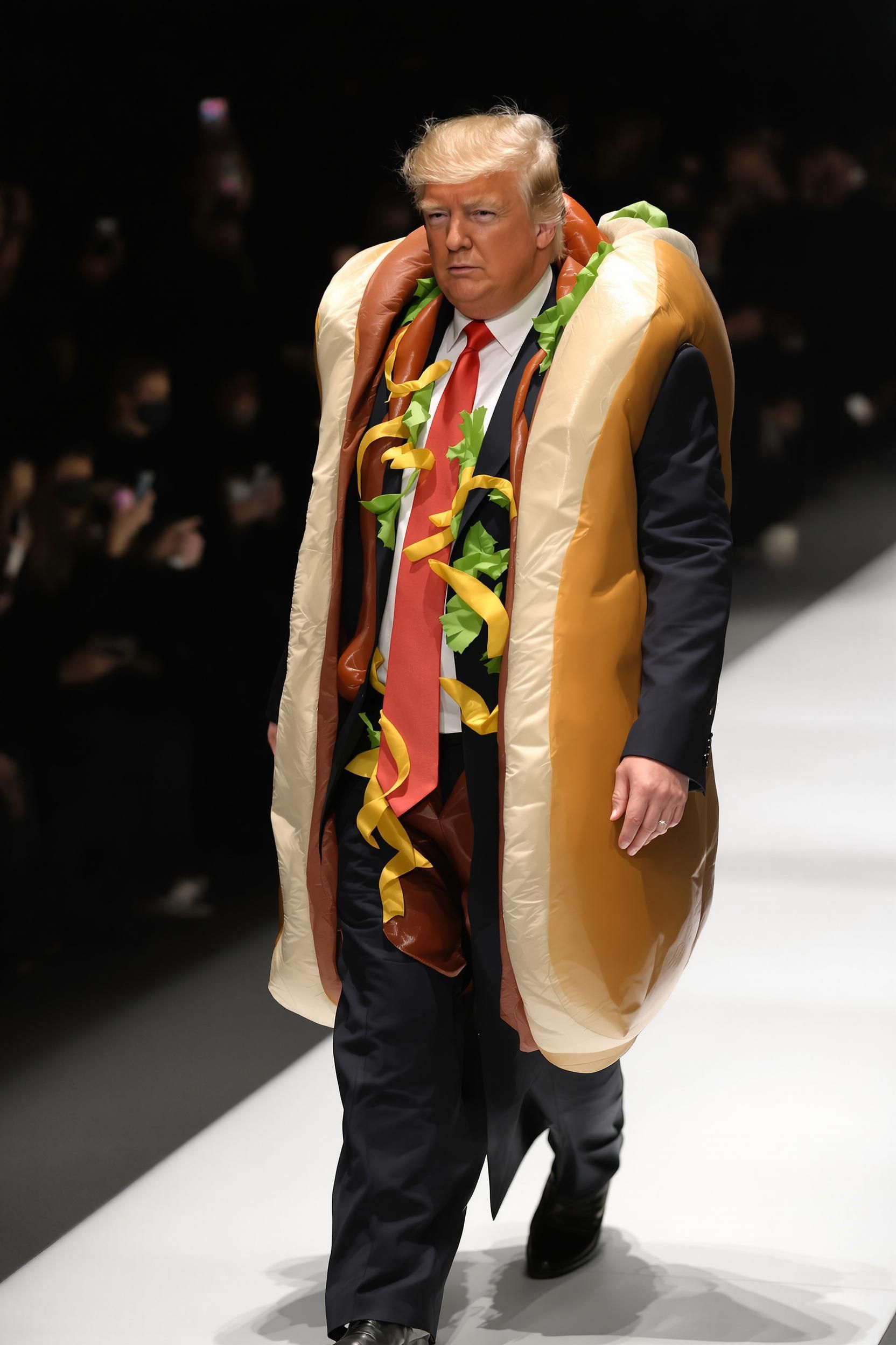 Trump Walking Down A Fashion Show Runway Wearing A Hotdog Costume