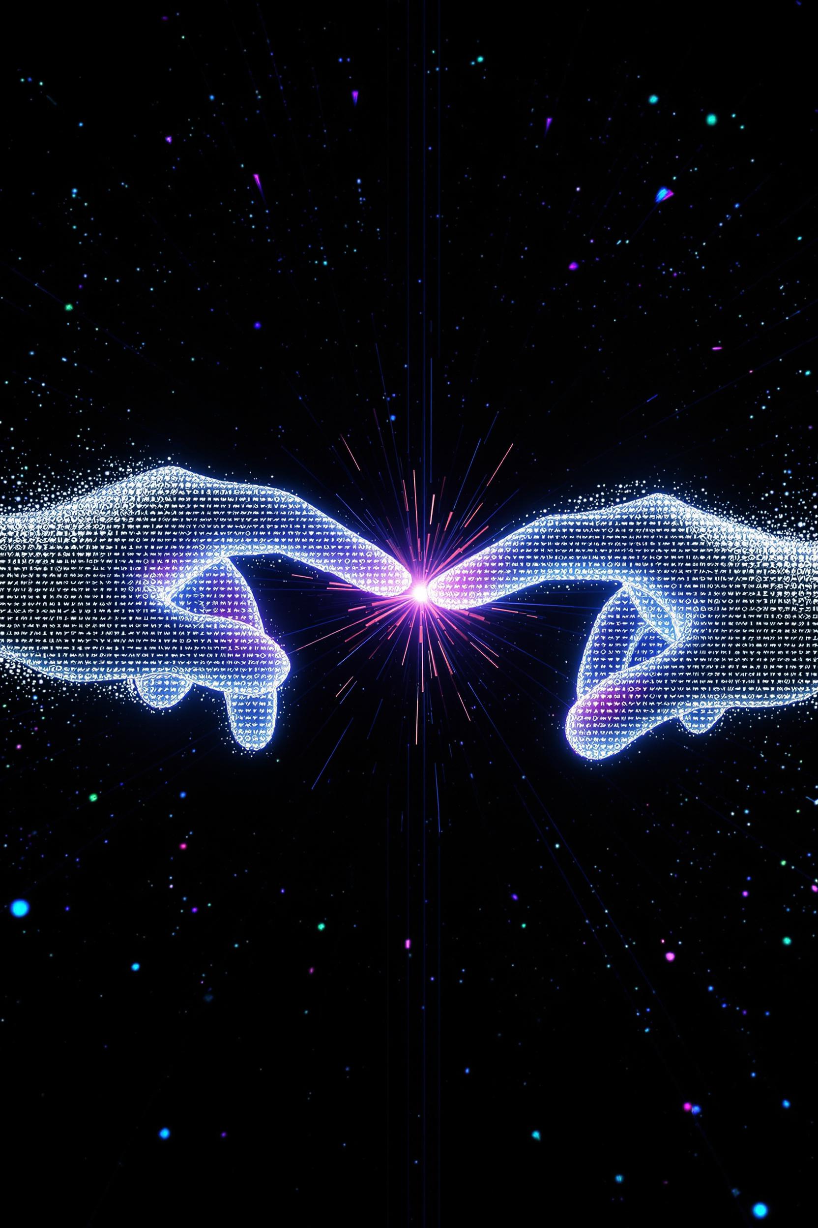 Two Pixelated Futuristic Hands Reaching Toward Each Other
