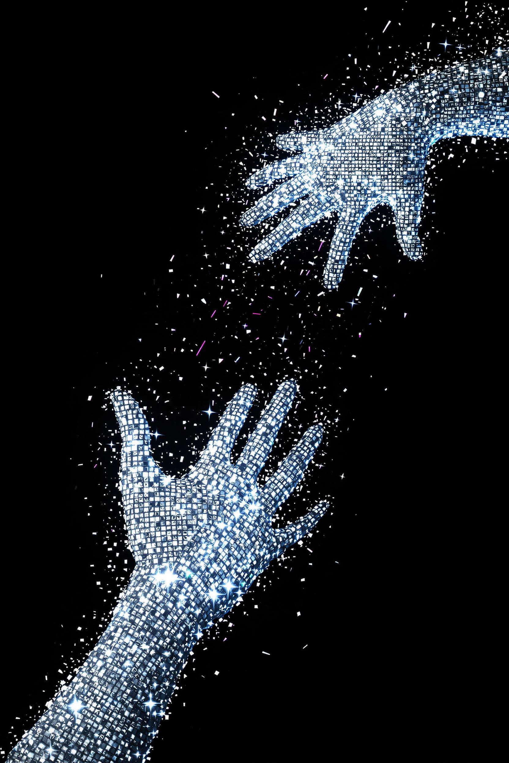 Two Pixelated Futuristic Hands Reaching Toward Each Other