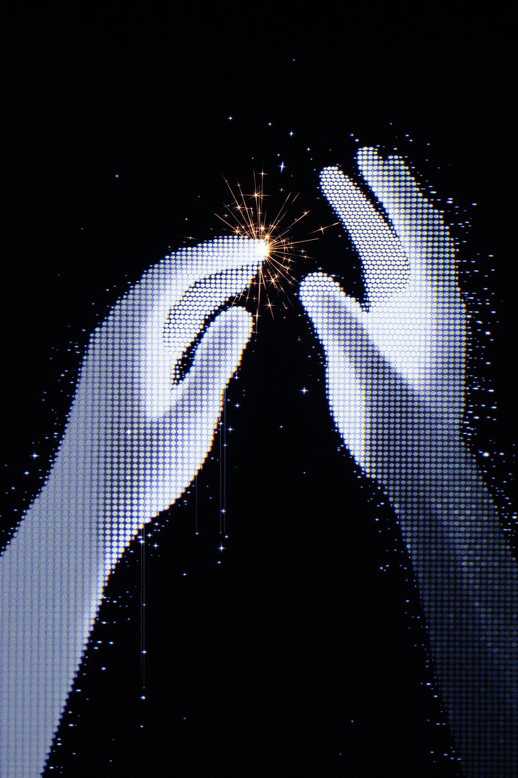 Two Pixelated Futuristic Hands Reaching Toward Each Other 2