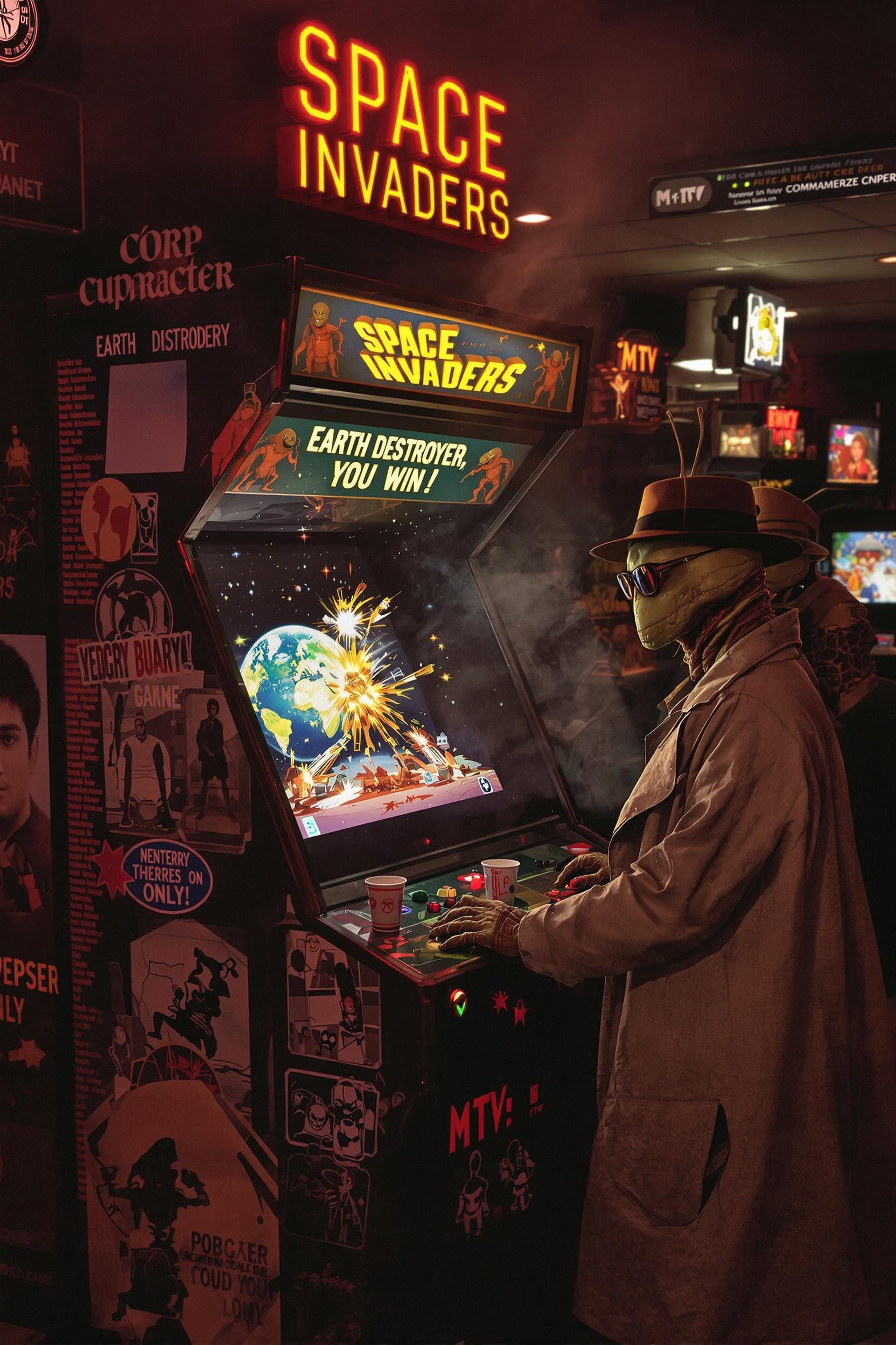 Two Space Aliens In An Game Arcade In The Era Of The Mid-1980s Playing Space Invaders On A Large