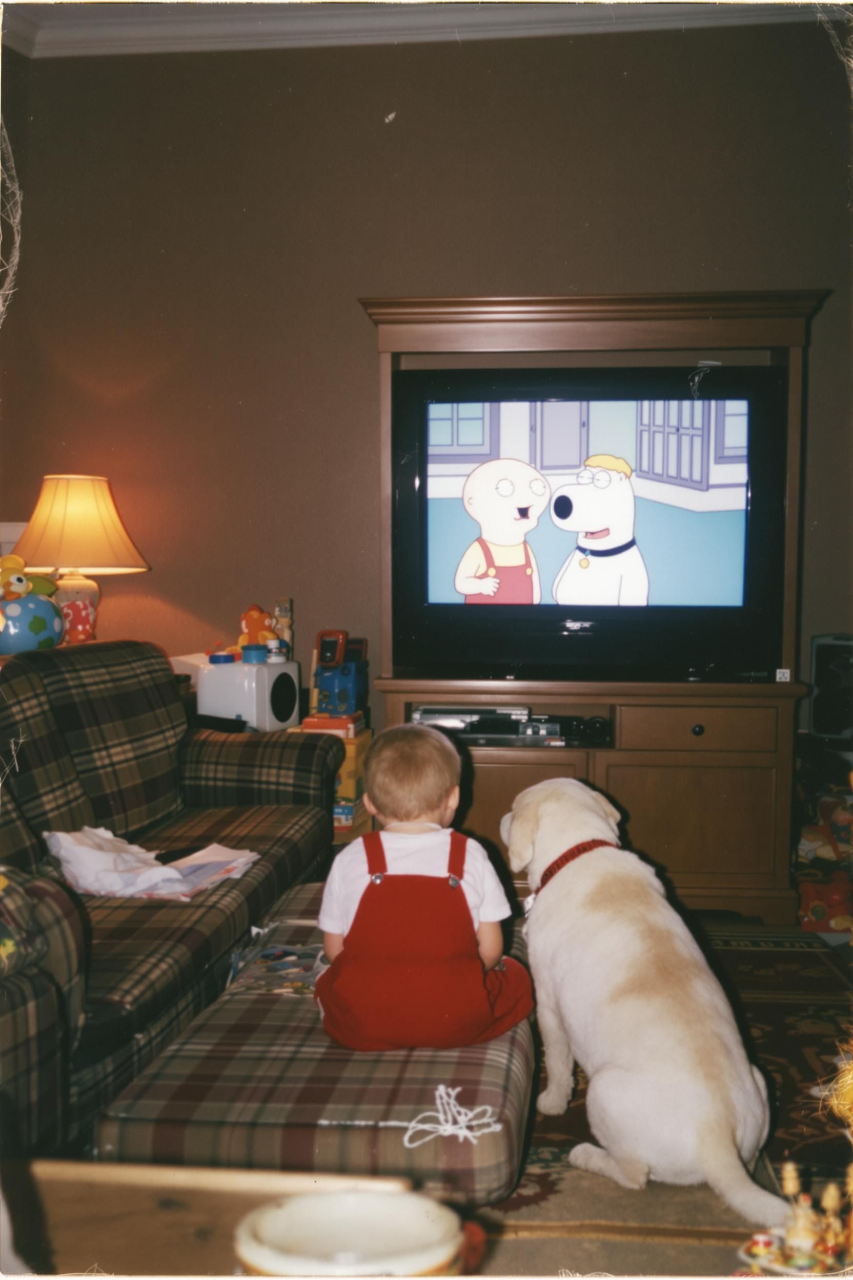 Unedited Analog Photo Of Brian And Stewie Griffin In 1999 Watching Family Guy On A 90s CRT TV In