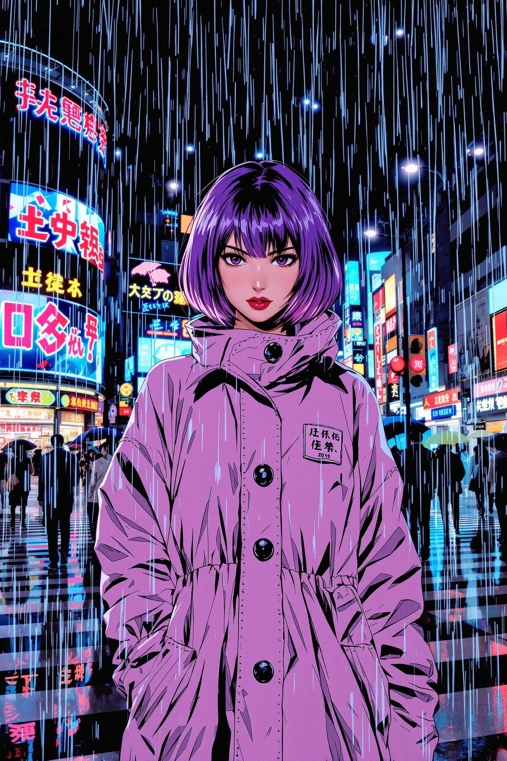 Vintage 90s Anime Style Image Of A Stunning Woman With Violet Hair In A Pastel Raincoat