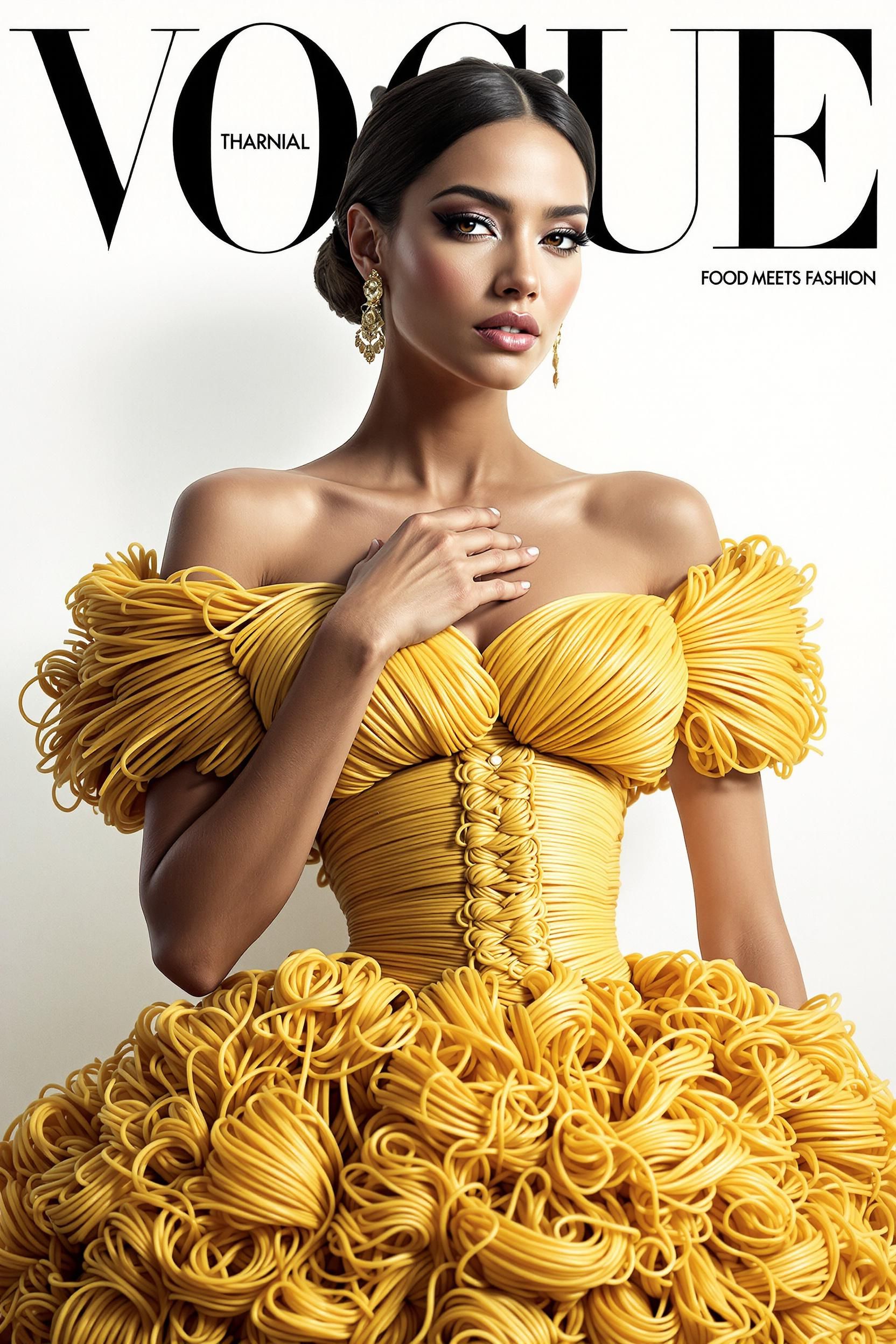 Vogue Cover Shot Of A Woman Wearing An Elgant Dress Made Of Spaghett