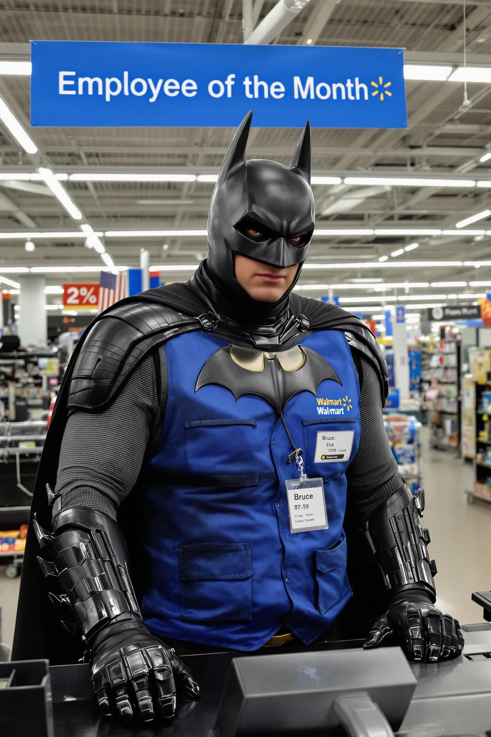 Walmart Employee Of The Month Photo Of Batman Still In Full Costume But Wearing The Blue Vest An