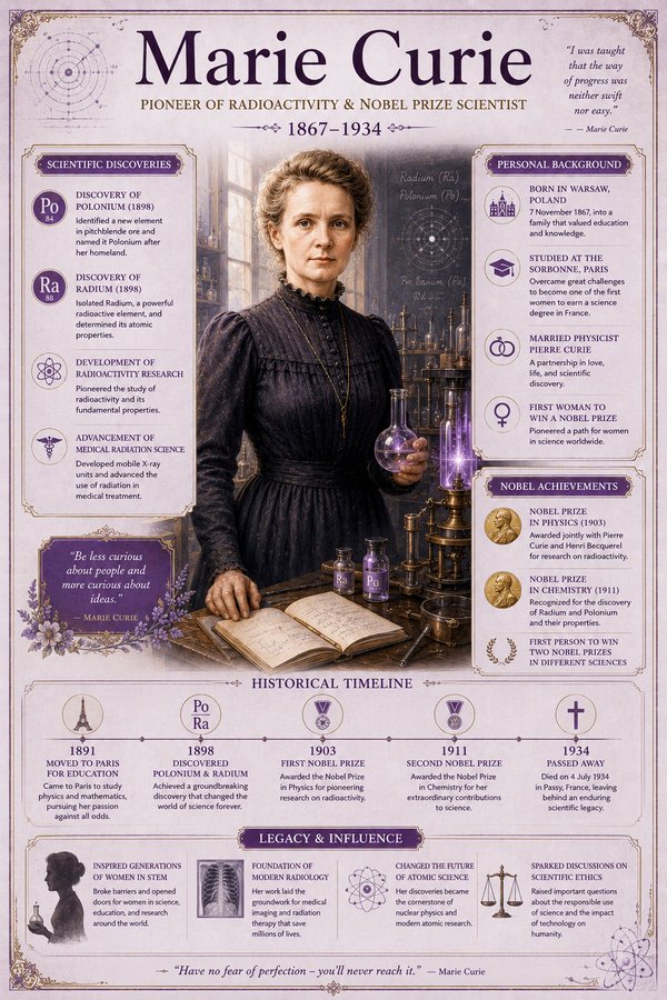 Premium Vintage Style Educational Infographic Of Marie Curie
