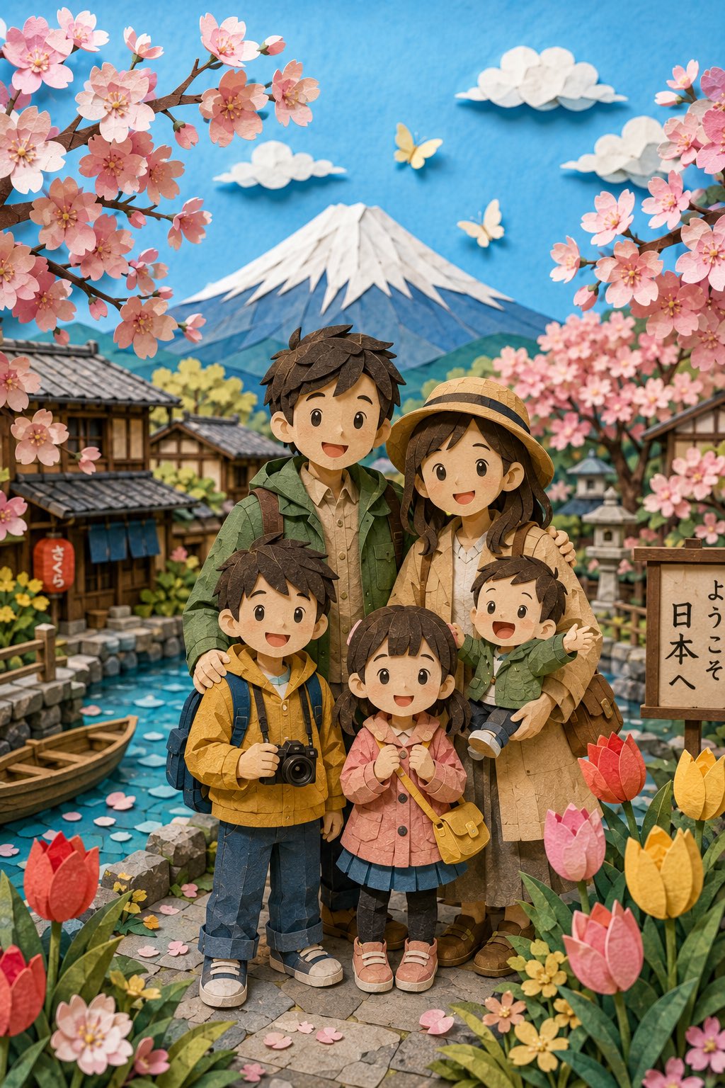 Whimsical 3d Paper Cut Japanese Village Family Portrait