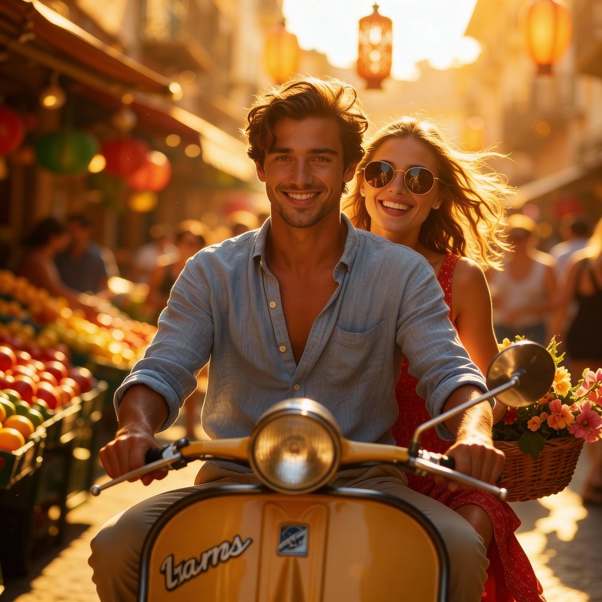 Romantic Vintage Scooter Market Sunset