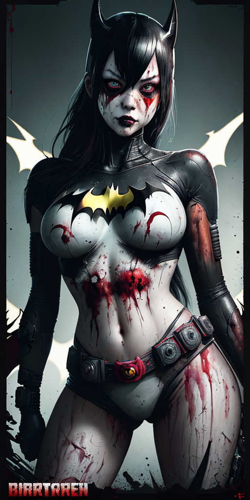 DreamShaper prompt: Large white border all round. Overlay Japanese type. A poster with of batgirl ex...