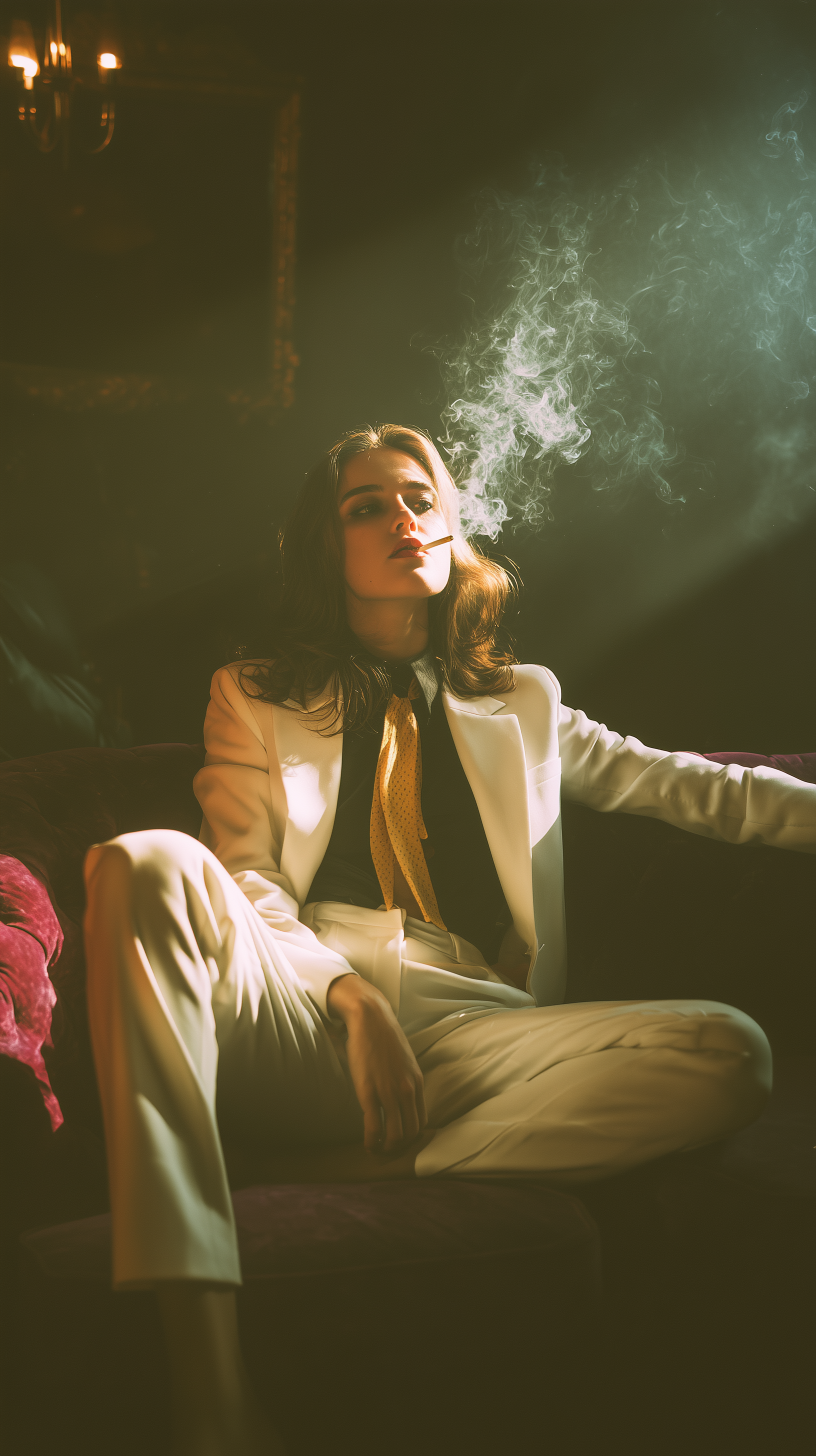 Midjourney prompt: snapshot, dimly lit room with a hazy atmosphere, capturing a female model loungi...