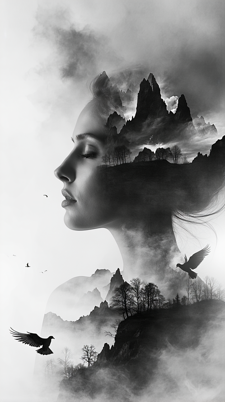 Stable Diffusion prompt: Double exposure black and white photography of a woman’s face, solemn and ethere...