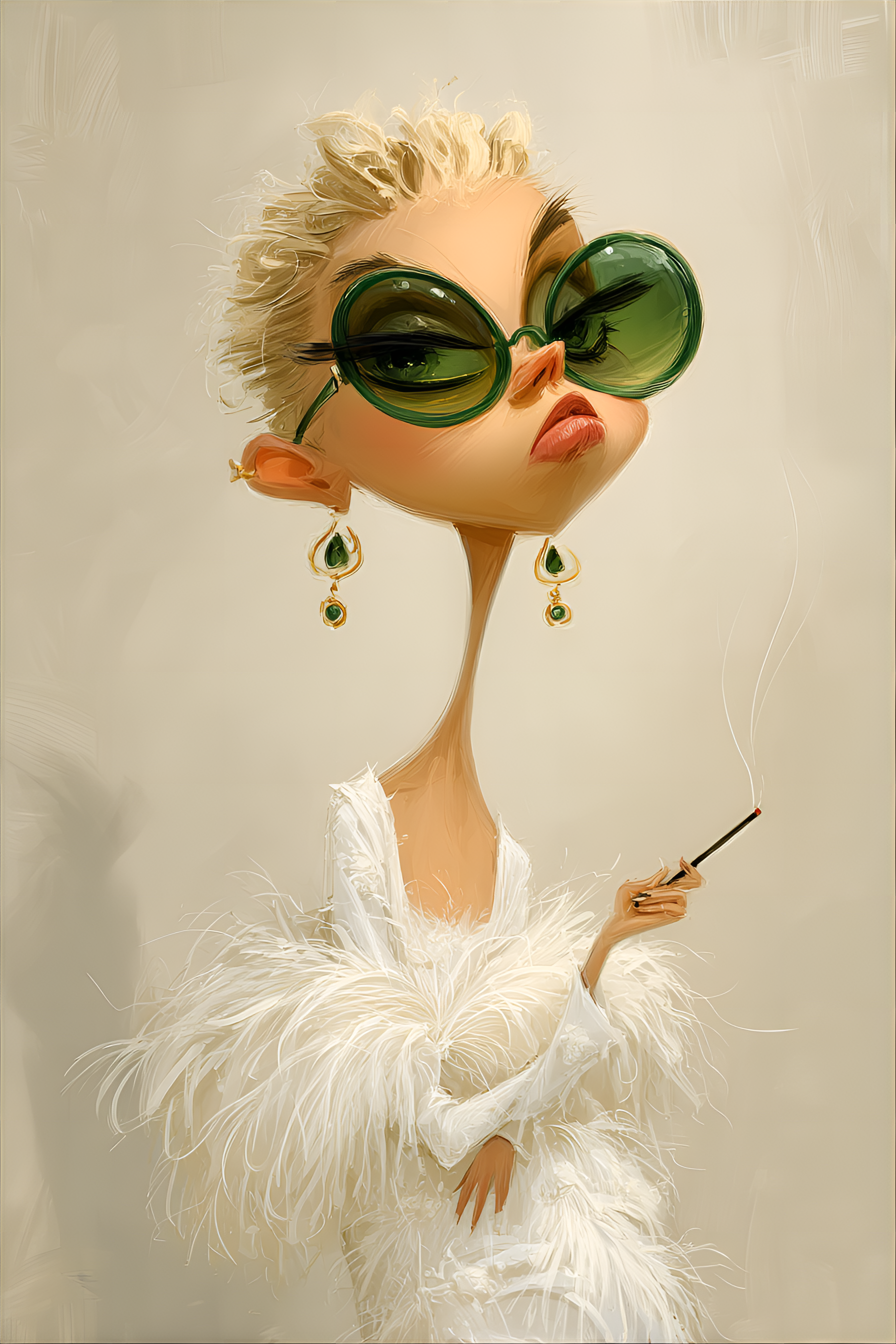 Midjourney prompt: funny caricature, eccentric fashionista character, female, unspecified ethnicity...