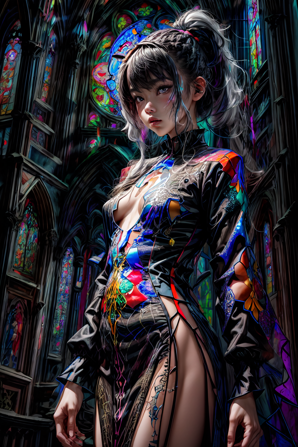 UnstableInkDream prompt: (stained glass dress:1.5), blacklight, (beautiful young Korean woman, with white...