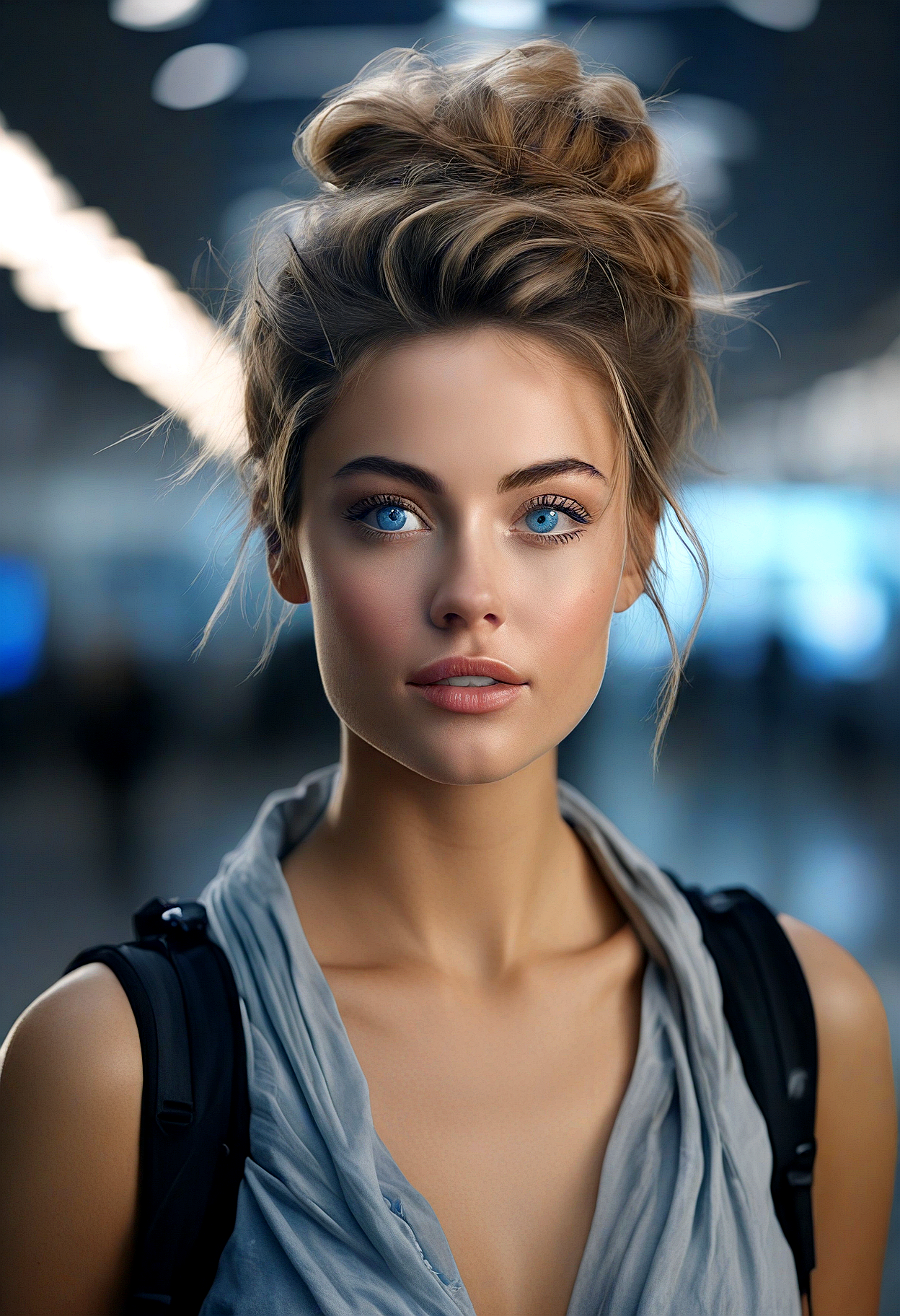 Juggernaut XL prompt: A highly realistic, beautiful woman with messy bun hair and blue eyes, airport i...