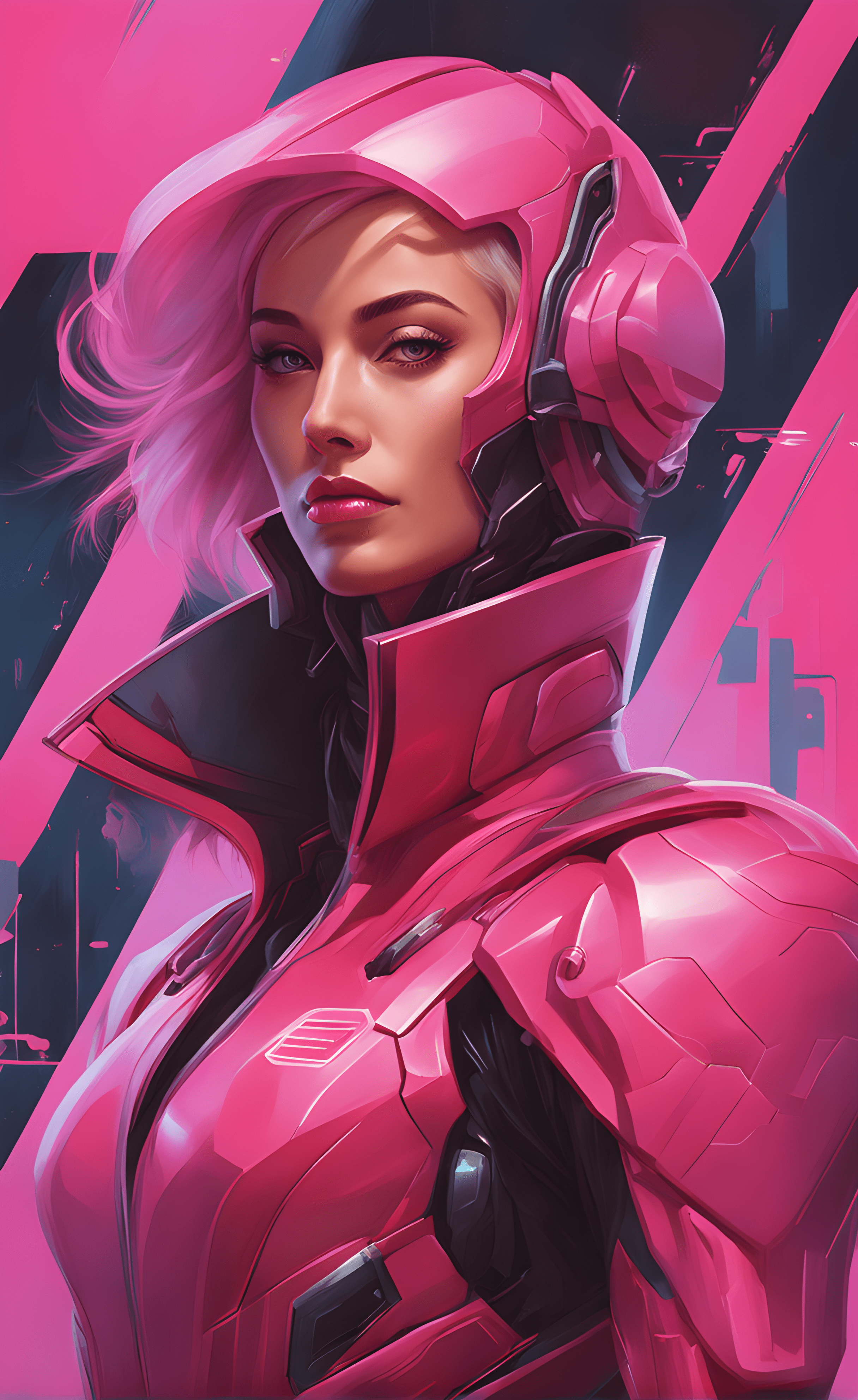 DreamShaper prompt: a painting of a woman in a pink suit, cyberpunk art, inspired by stanley artgerm...