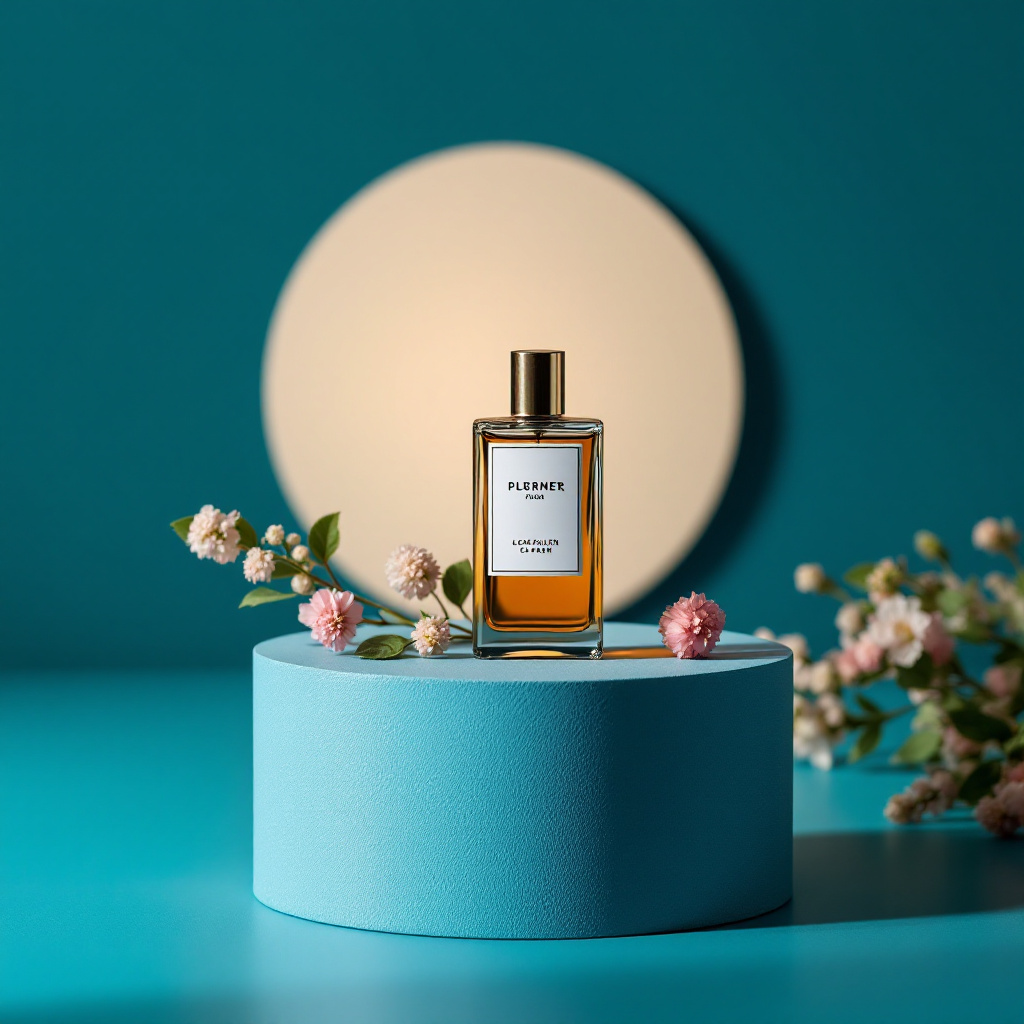 FLUX prompt: photograph, productive view, cylinder podium with perfume, Sony A7R IV with a FE...