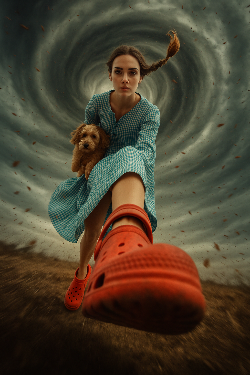 ChatGPT Image prompt: { "scene": { "setting": "inside a swirling tornado", "mood": "dramatic and surre...