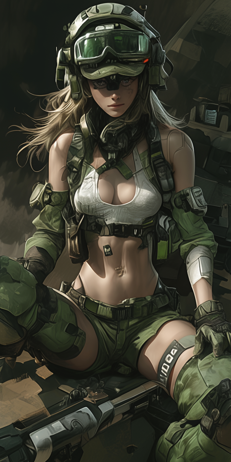 Midjourney prompt: A female figure in green tactical gear, including a helmet and goggles, sits ato...