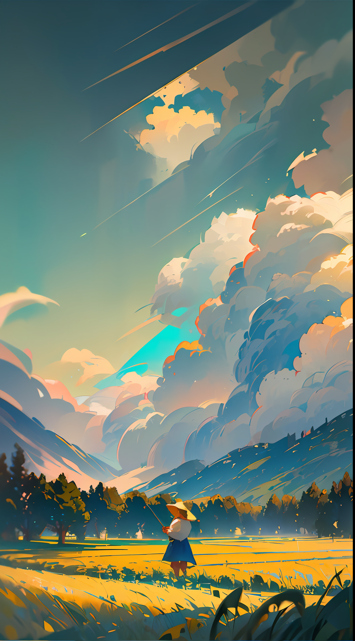 Deliberate prompt: A peasant uncle with a straw hat stands in a wheat field, big clouds, blue sky, ...