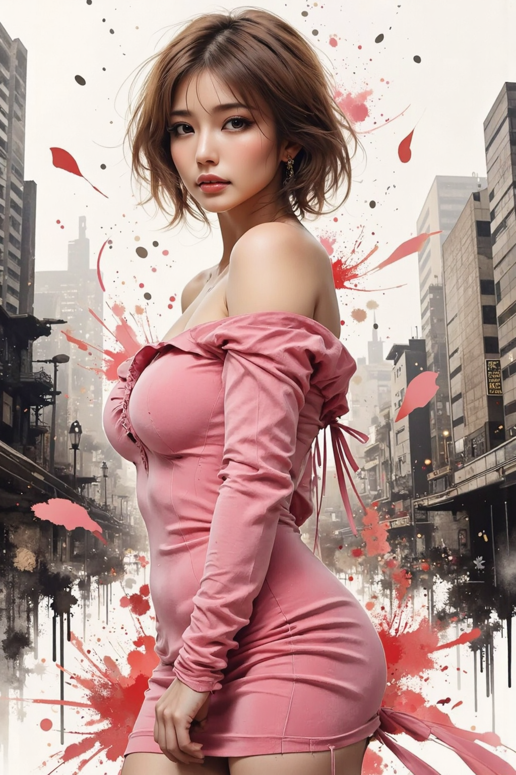 FLUX prompt: A surreal half-body portrait of a young chinese woman with fair skin and dark br...