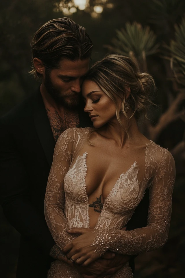 Midjourney prompt: A couple stands closely together in an intimate pose, surrounded by natural gree...