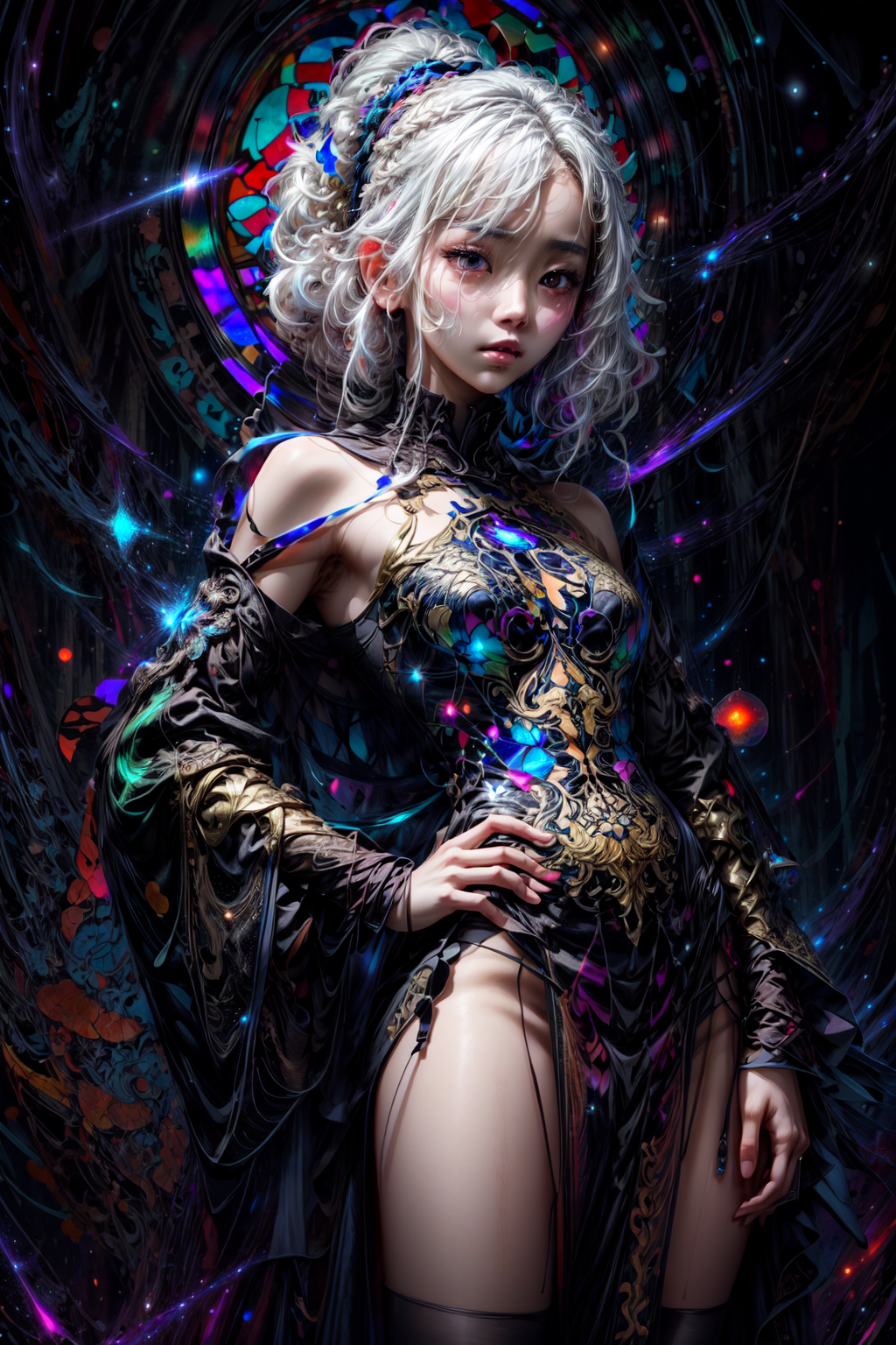 UnstableInkDream prompt: (stained glass dress:1.5), (beautiful young Korean woman, with white hair in a b...