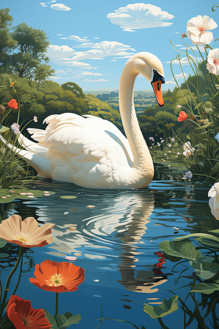 Midjourney prompt: A graceful swan with pure white feathers and elegant lily pads detailed with del...